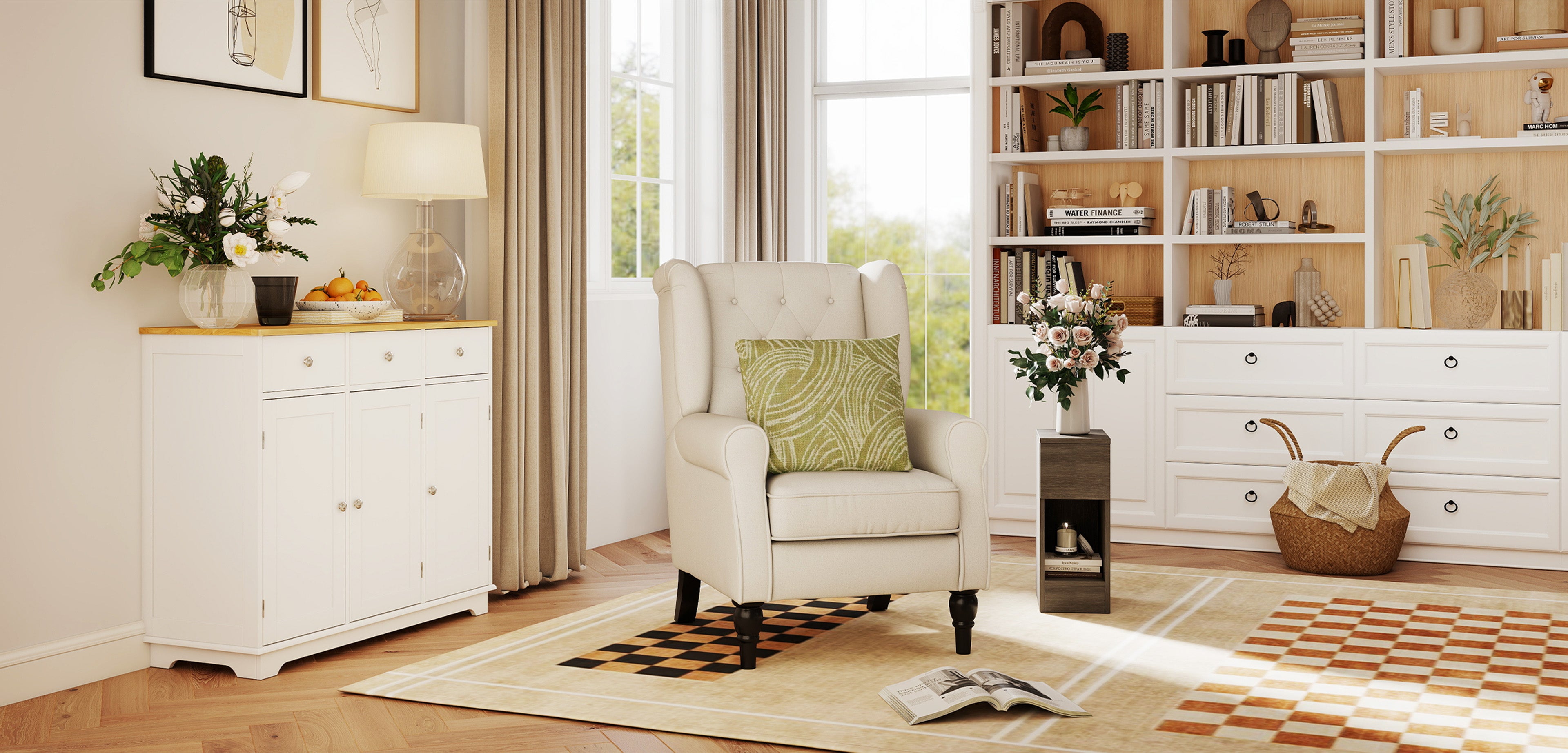 Mid Century Arm Chair for Living Room, Linen Wingback Armchair with Wood Frame Button Tufted Design, Grey