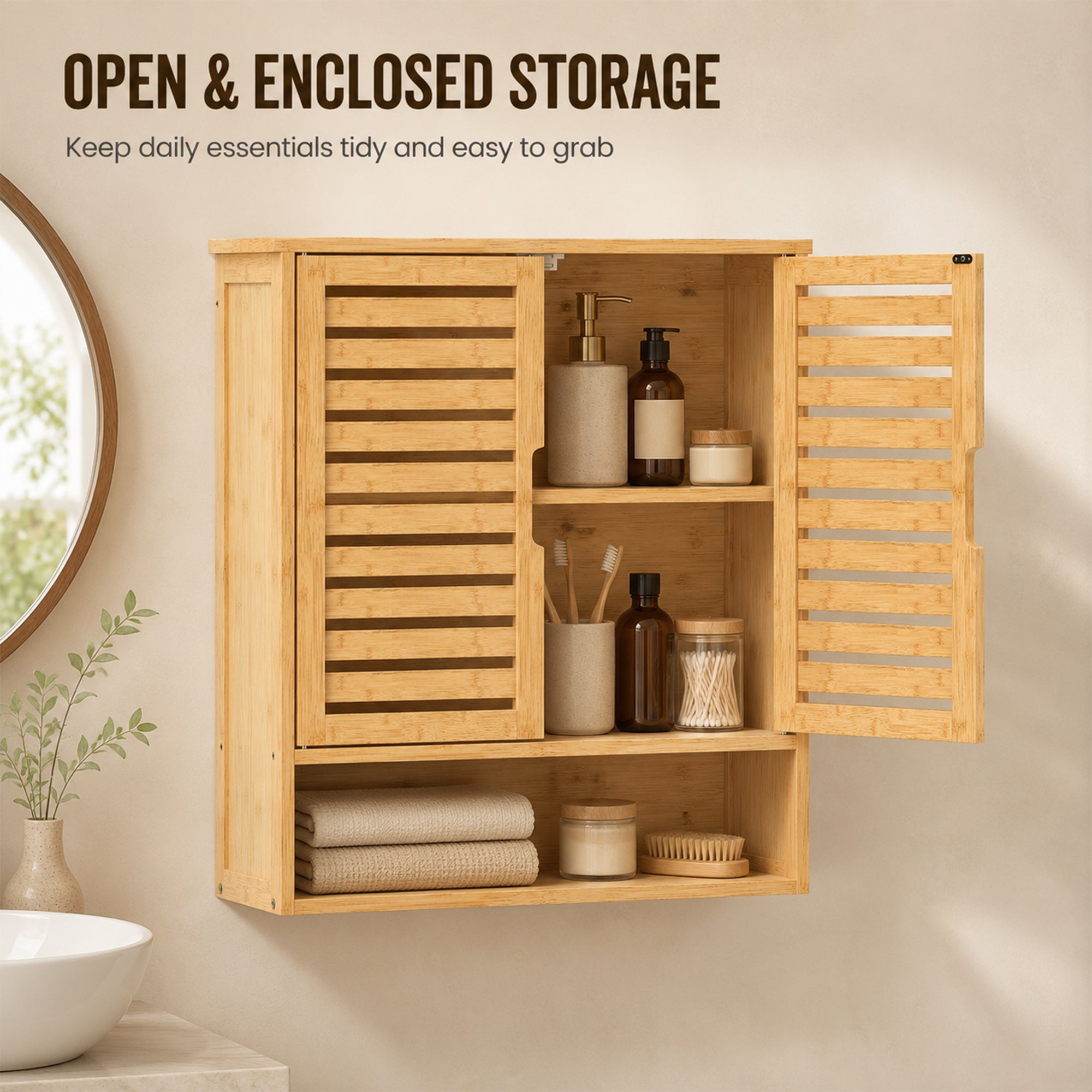 Bathroom Wall Cabinet, Wall Mounted Bathroom Cabinet with 2 Louvered Doors, Open Shelf and Adjustable Shelf Storage for Toilet, Laundry, Oak