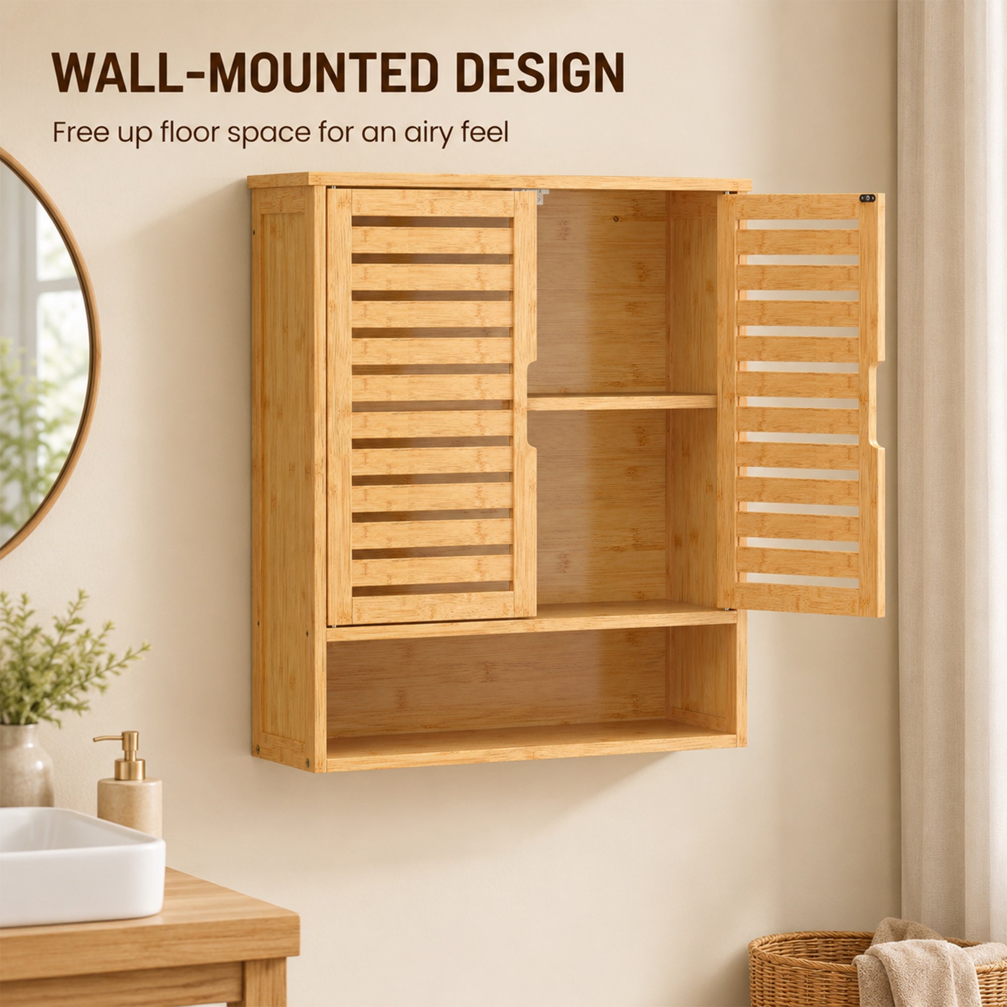Bathroom Wall Cabinet, Wall Mounted Bathroom Cabinet with 2 Louvered Doors, Open Shelf and Adjustable Shelf Storage for Toilet, Laundry, Oak