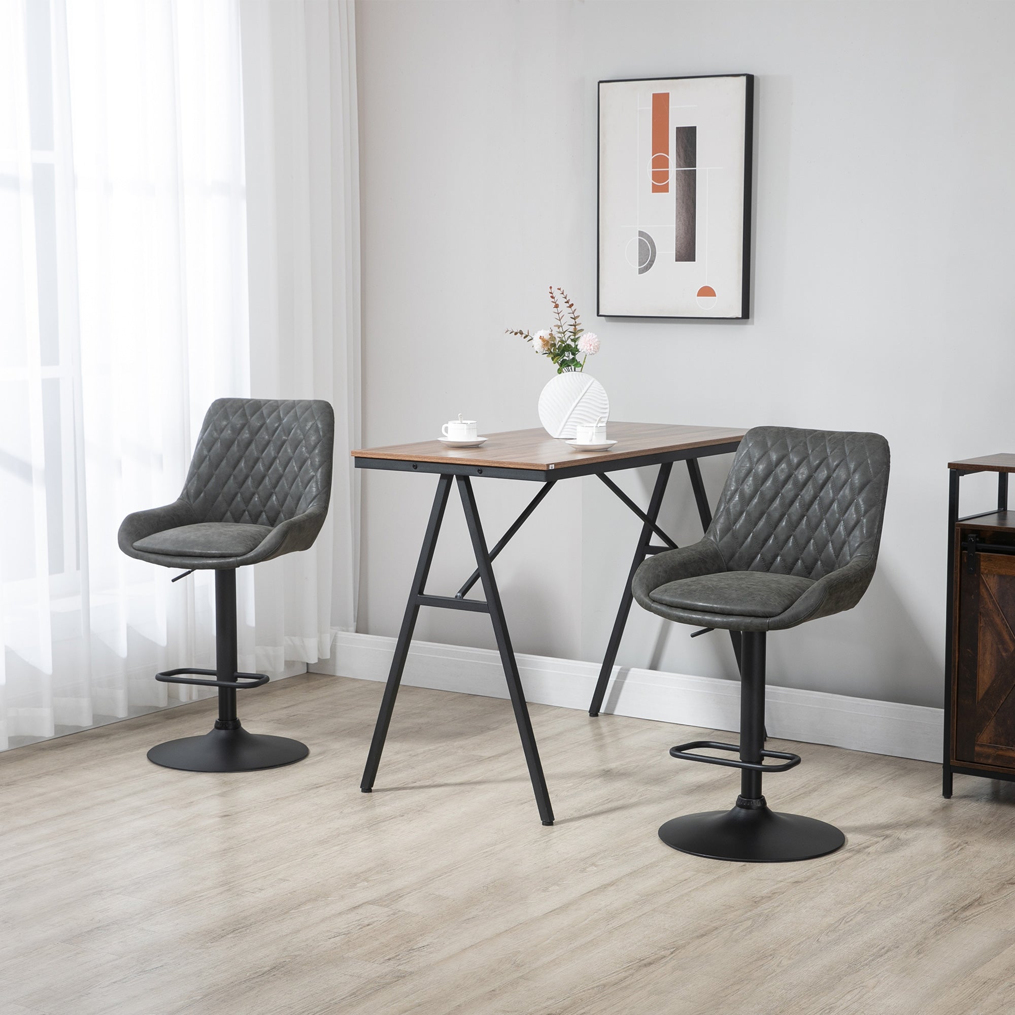 HOMCOM Breakfast Bar Stools Set of 2 with 51x40cm Wide Seat, Height Adjustable Kitchen Counter Chairs, Retro Swivel Upholstered Barstools with Back, Footrest and Steel Base, Dark Grey