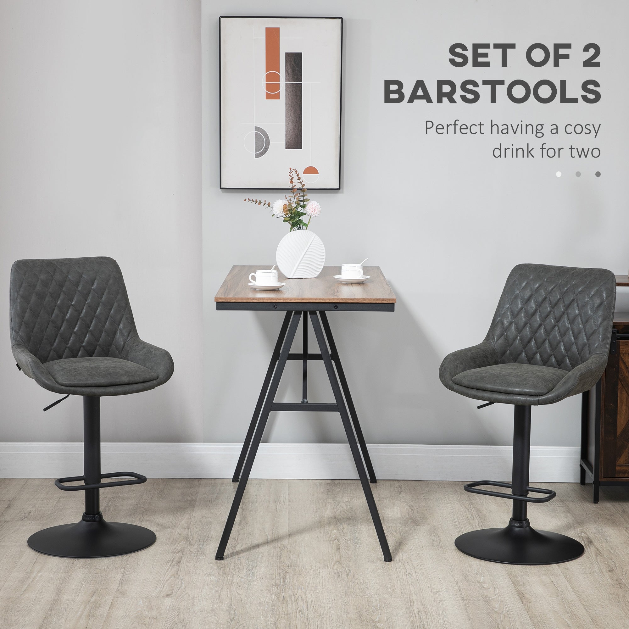 HOMCOM Breakfast Bar Stools Set of 2 with 51x40cm Wide Seat, Height Adjustable Kitchen Counter Chairs, Retro Swivel Upholstered Barstools with Back, Footrest and Steel Base, Dark Grey
