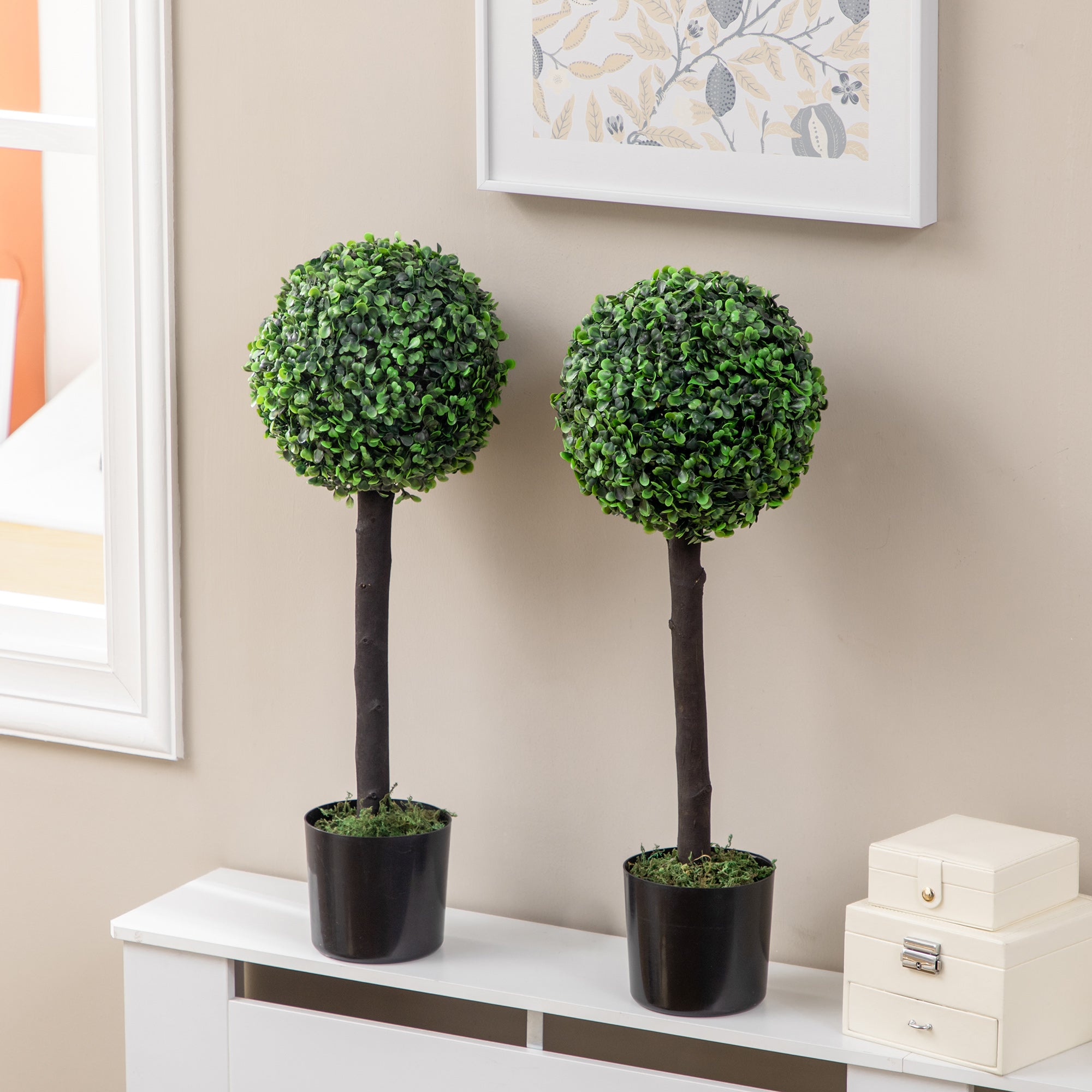 HOMCOM 2ft Artificial Boxwood Topiary Ball Trees Set of 2, Potted Fake Plants for Indoor Outdoor, Decorative Artificial Plants, Green