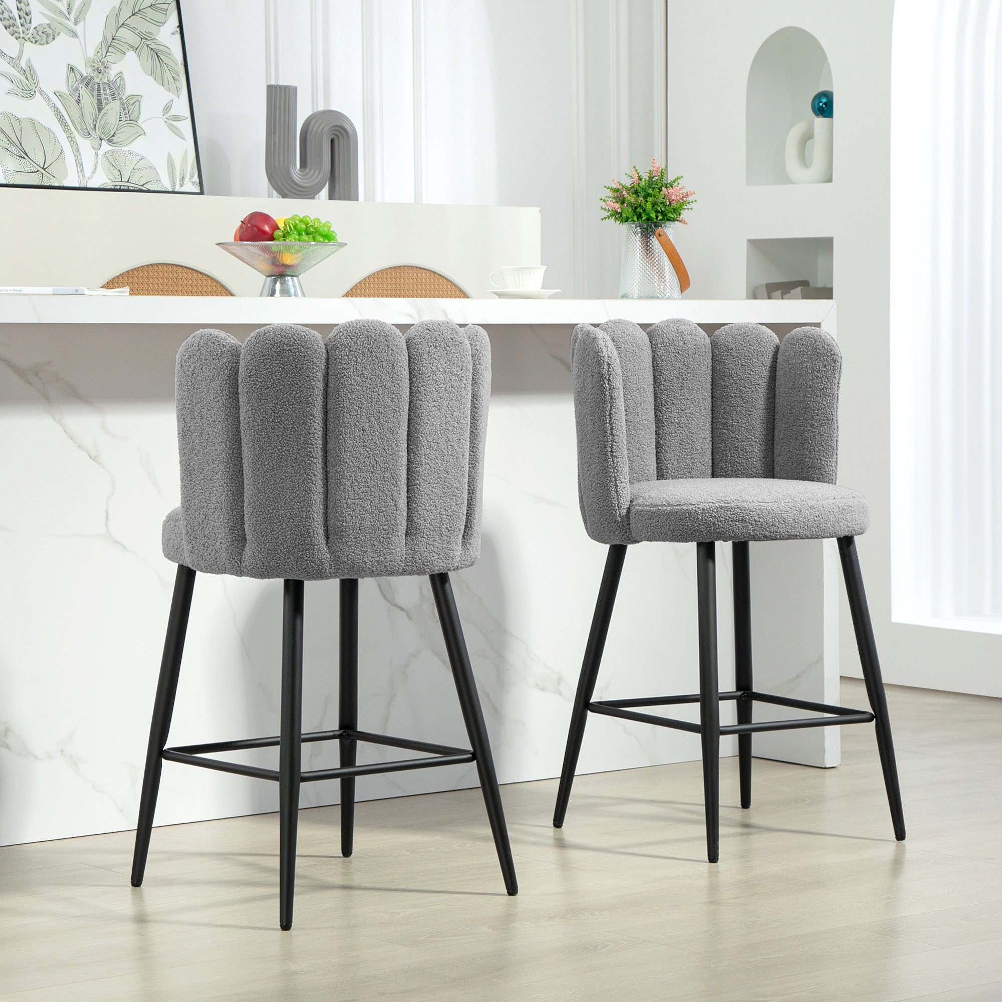 HOMCOM Modern Bar Stools Set of 2, Faux Cashmere Upholstered Counter Height Barstools, Bar Chairs for Kitchen with Back, Footrest, Steel Base, Grey