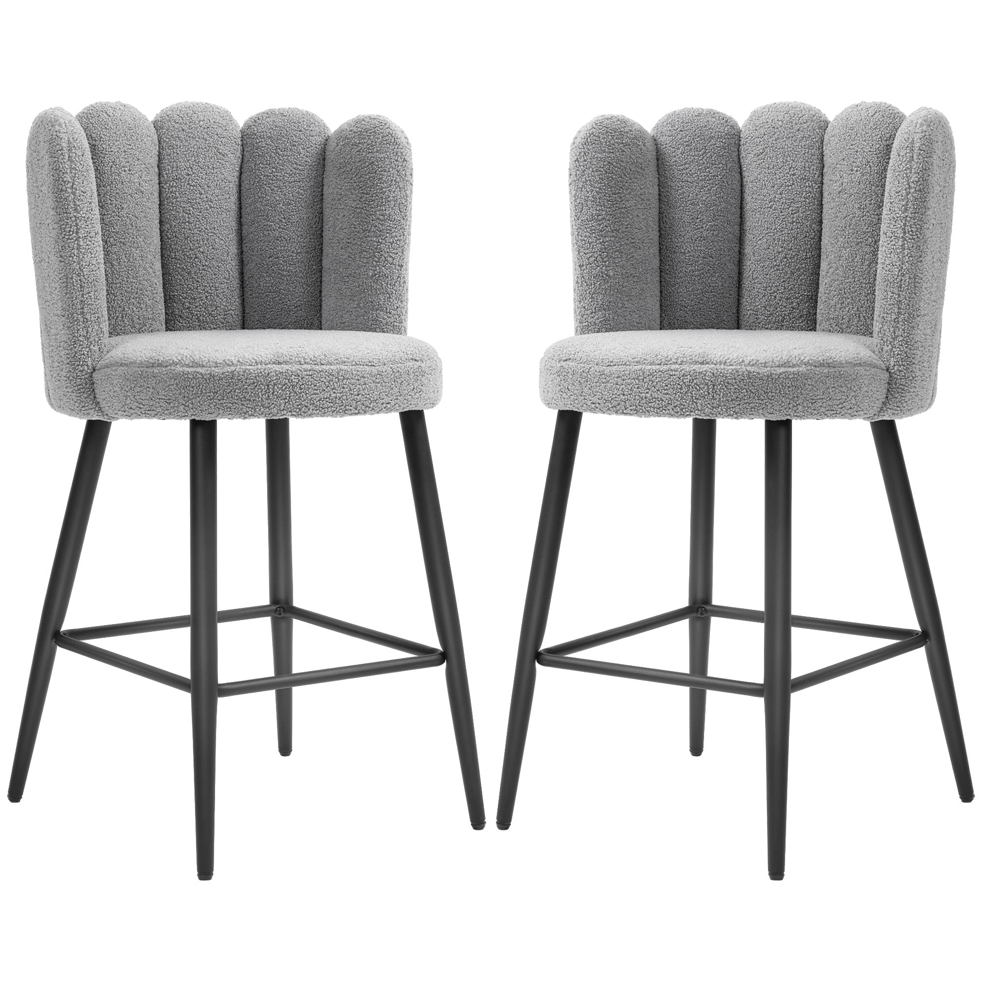 HOMCOM Modern Bar Stools Set of 2, Faux Cashmere Upholstered Counter Height Barstools, Bar Chairs for Kitchen with Back, Footrest, Steel Base, Grey