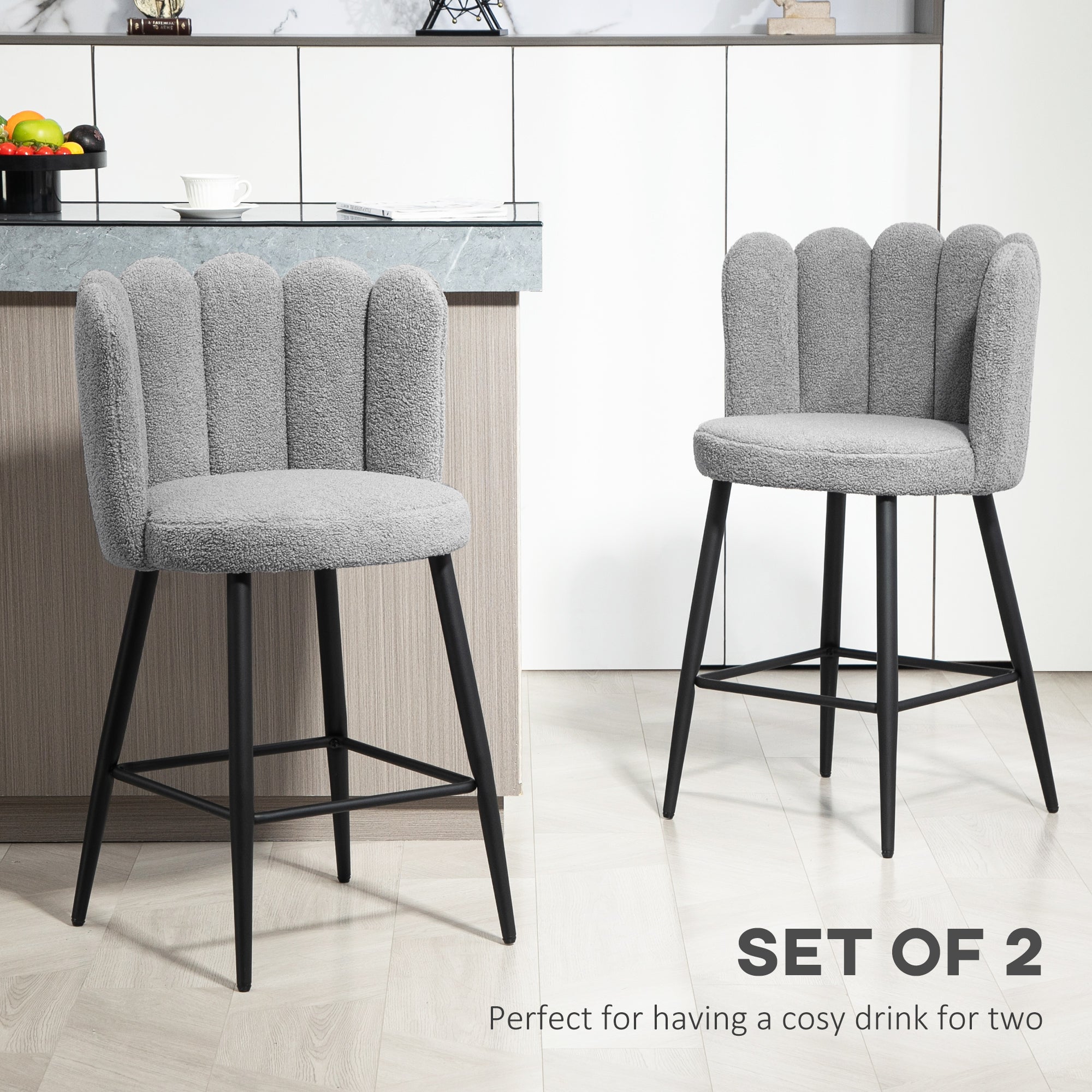 HOMCOM Modern Bar Stools Set of 2, Faux Cashmere Upholstered Counter Height Barstools, Bar Chairs for Kitchen with Back, Footrest, Steel Base, Grey