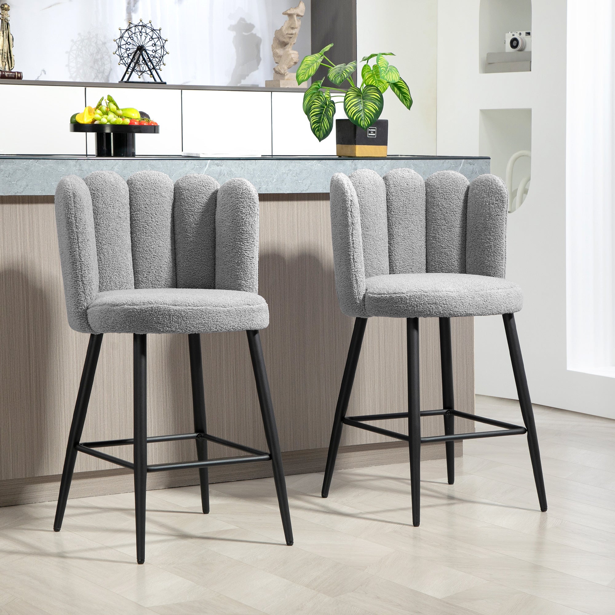 HOMCOM Modern Bar Stools Set of 2, Faux Cashmere Upholstered Counter Height Barstools, Bar Chairs for Kitchen with Back, Footrest, Steel Base, Grey