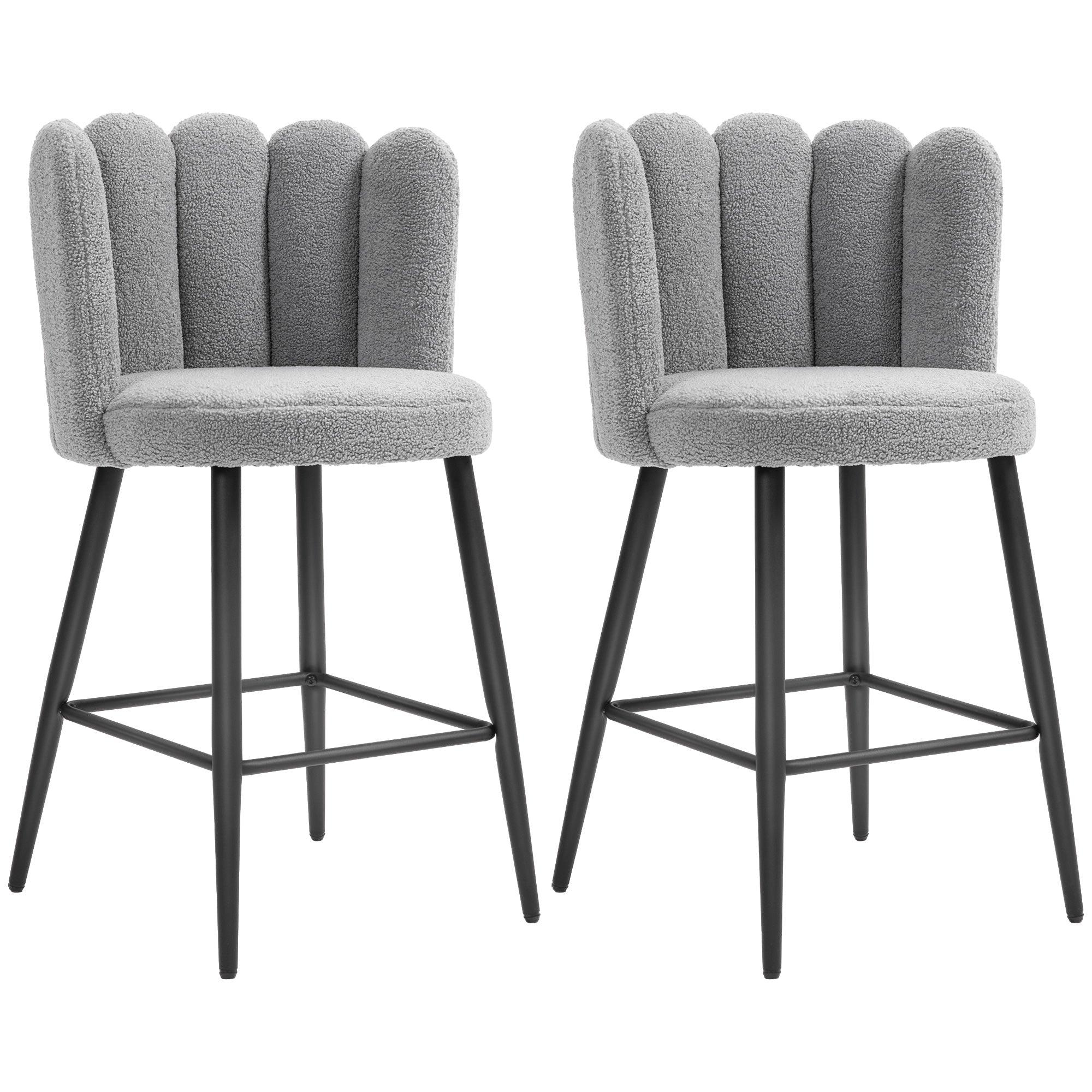 HOMCOM Modern Bar Stools Set of 2, Faux Cashmere Upholstered Counter Height Barstools, Bar Chairs for Kitchen with Back, Footrest, Steel Base, Grey