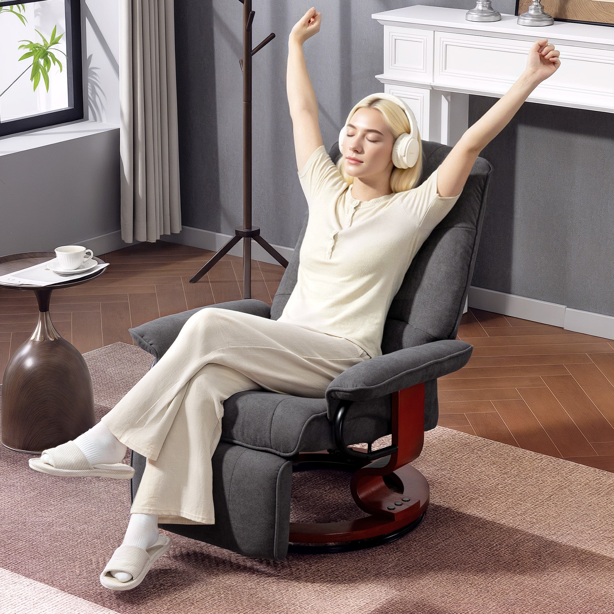 360° Swivel Recliner Chair with Footstool, Manual Recliner Armchair with Wooden Base, Linen-Like Upholstered Reclining Chair for Living Room, Bedroom, Office, Grey