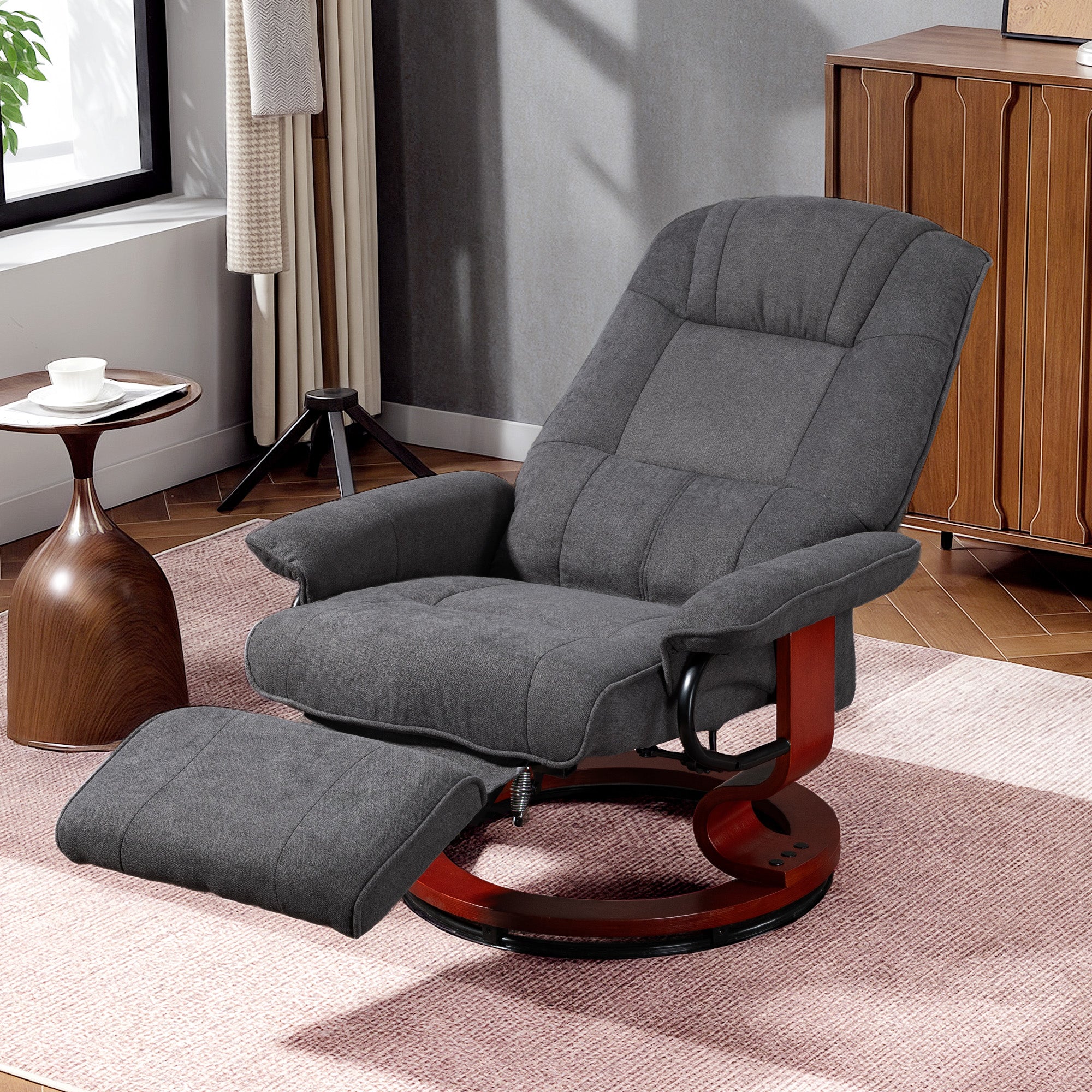 360° Swivel Recliner Chair with Footstool, Manual Recliner Armchair with Wooden Base, Linen-Like Upholstered Reclining Chair for Living Room, Bedroom, Office, Grey