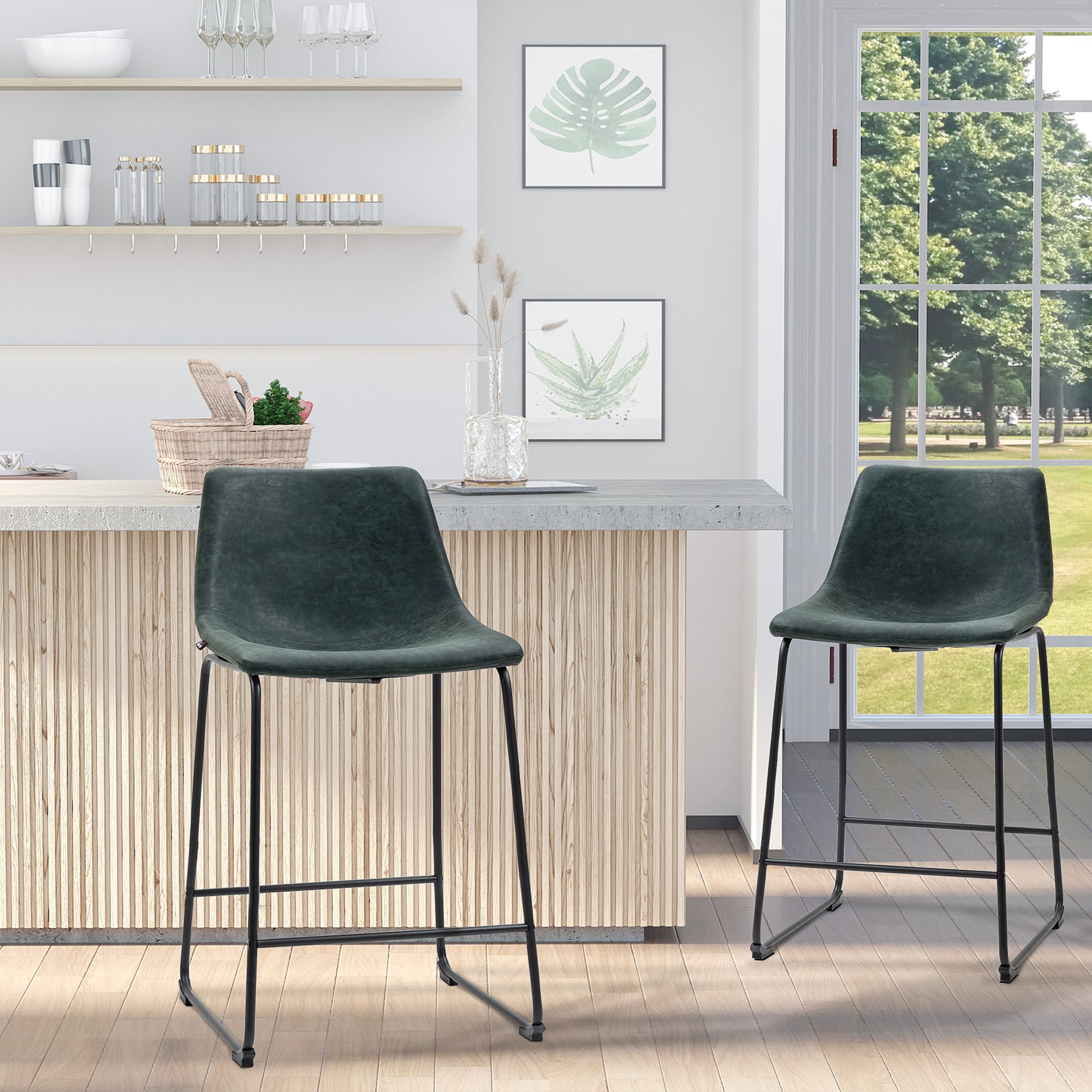 HOMCOM Counter Height Bar Stools Set of 2, Vintage PU Leather Bar Chairs, Kitchen Stools with Footrest for Home Bar, Dark Green