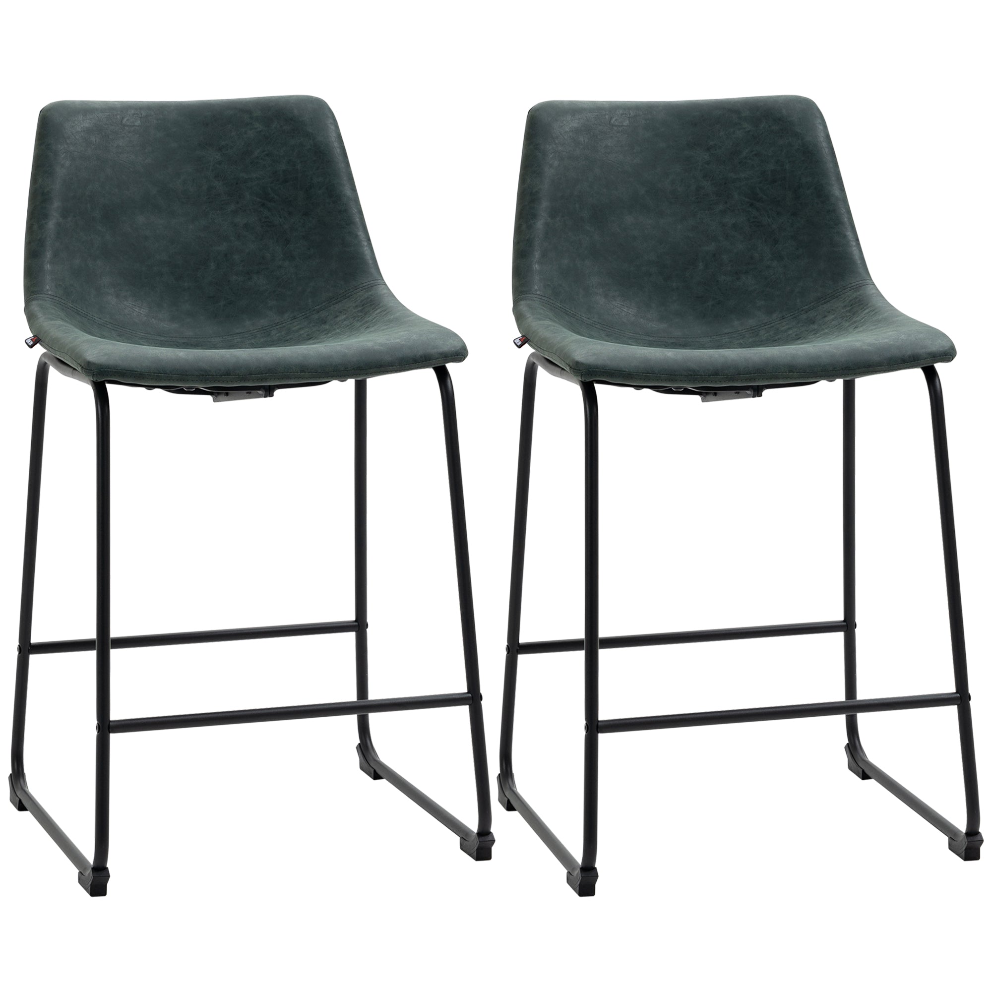 HOMCOM Counter Height Bar Stools Set of 2, Vintage PU Leather Bar Chairs, Kitchen Stools with Footrest for Home Bar, Dark Green