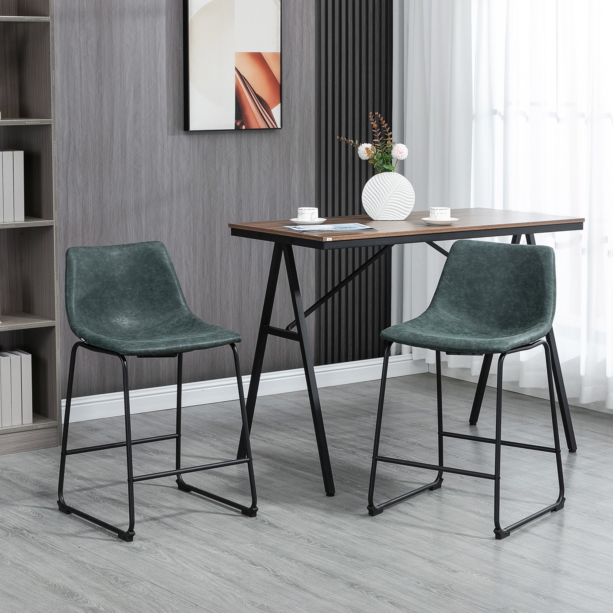 HOMCOM Counter Height Bar Stools Set of 2, Vintage PU Leather Bar Chairs, Kitchen Stools with Footrest for Home Bar, Dark Green