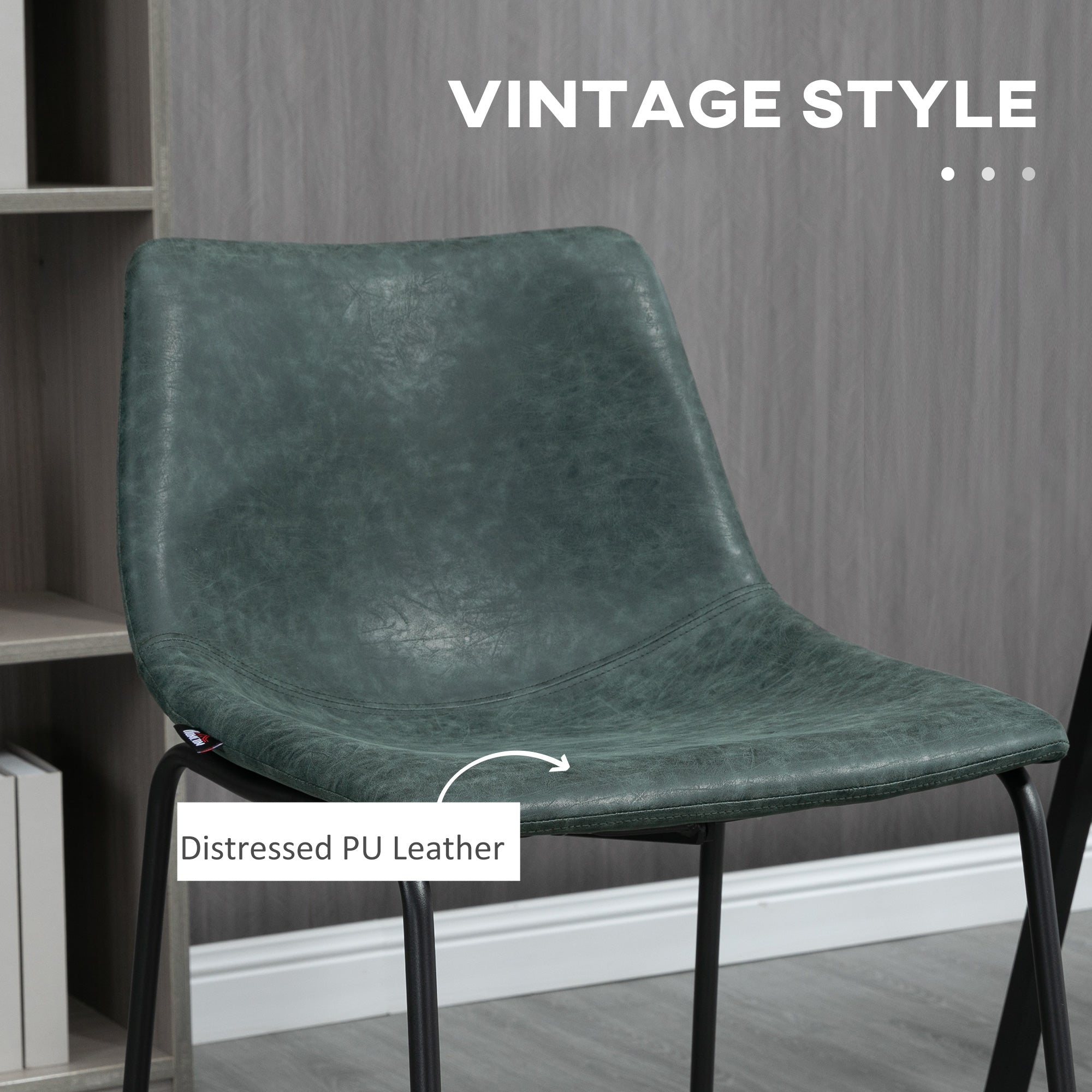 HOMCOM Counter Height Bar Stools Set of 2, Vintage PU Leather Bar Chairs, Kitchen Stools with Footrest for Home Bar, Dark Green