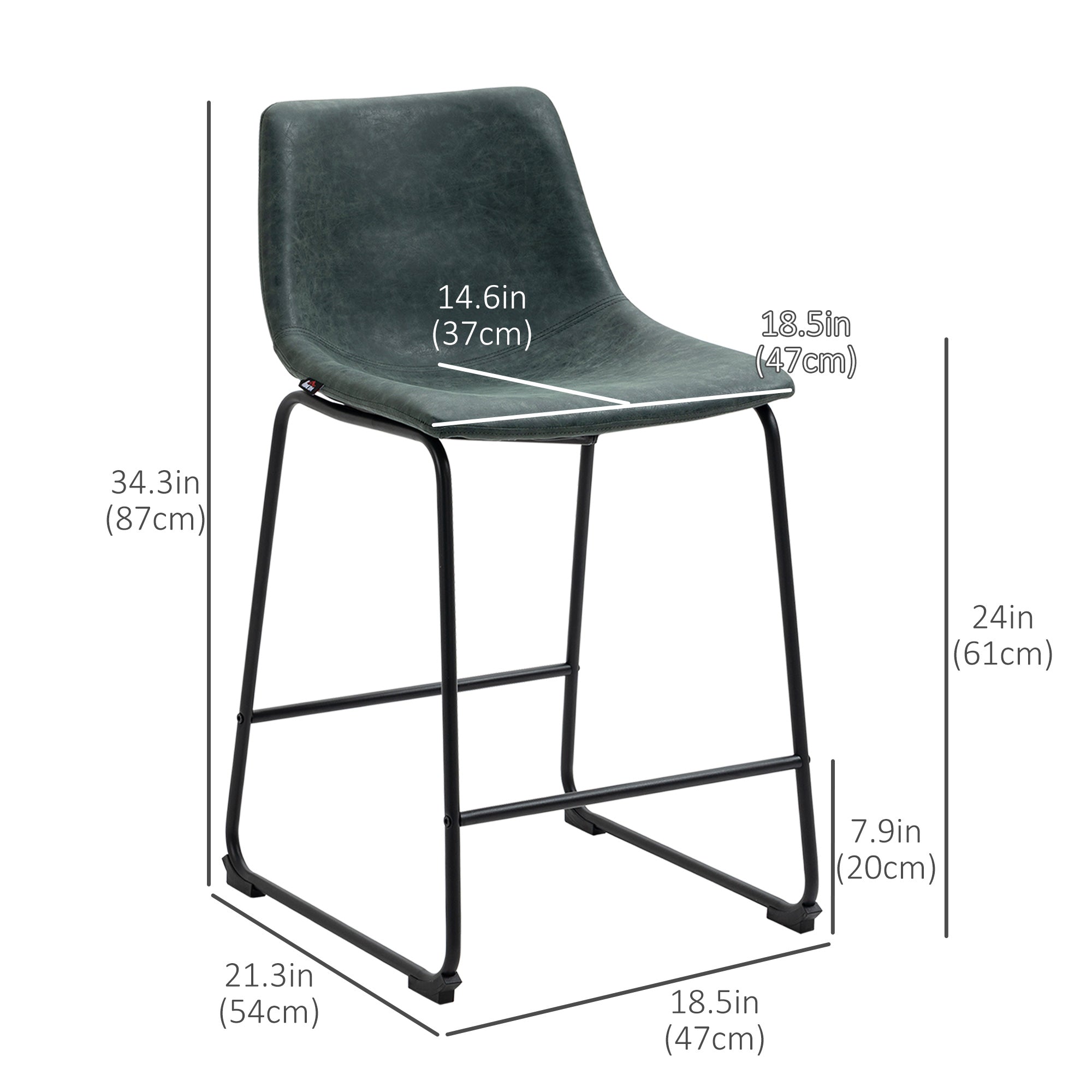 HOMCOM Counter Height Bar Stools Set of 2, Vintage PU Leather Bar Chairs, Kitchen Stools with Footrest for Home Bar, Dark Green