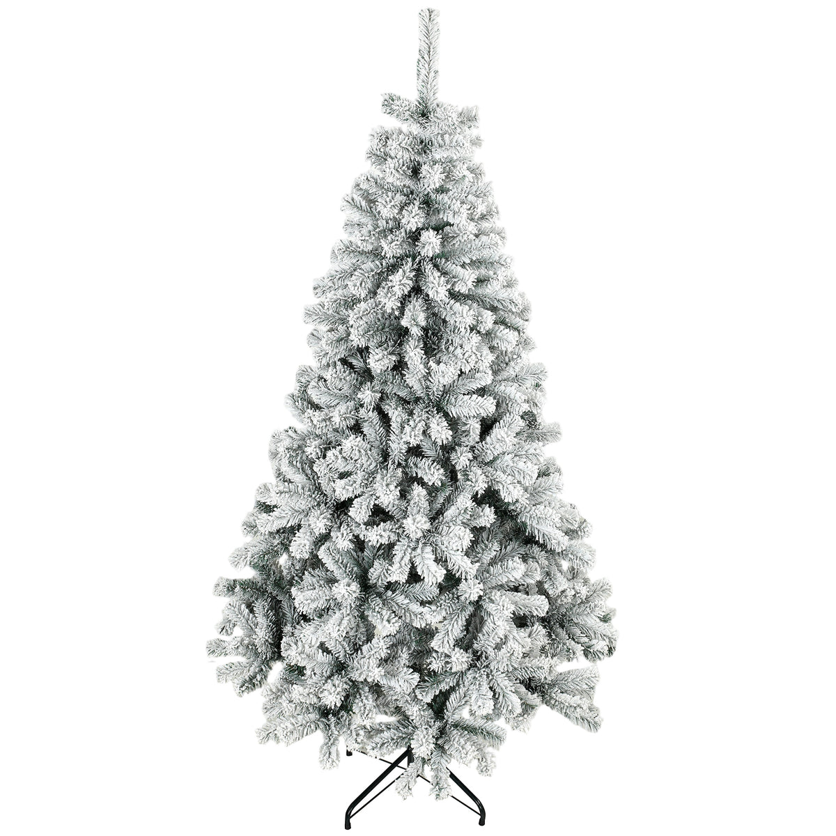 7ft Snow Flocked Christmas Tree with 1000 Branch Tips, Easy-Assembly Hinged Design, Artificial Full Fir Xmas Tree with Steel Stand for Home Office Holiday, Green and White