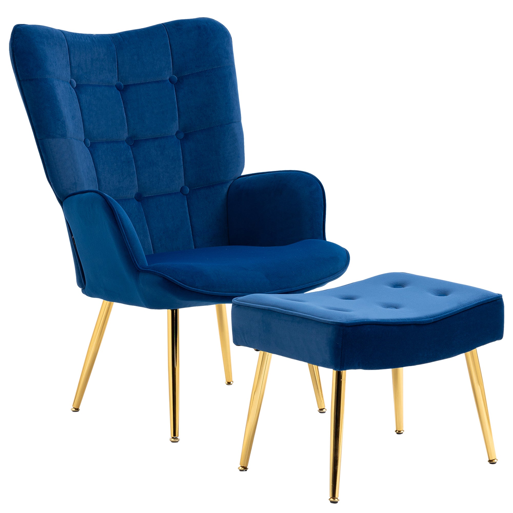 HOMCOM Modern Armchair with Footstool, Upholstered Accent Chair with Ottoman, Steel Legs, Velvet Wingback Chair for Living Room, Bedroom, Home Study, Dark Blue