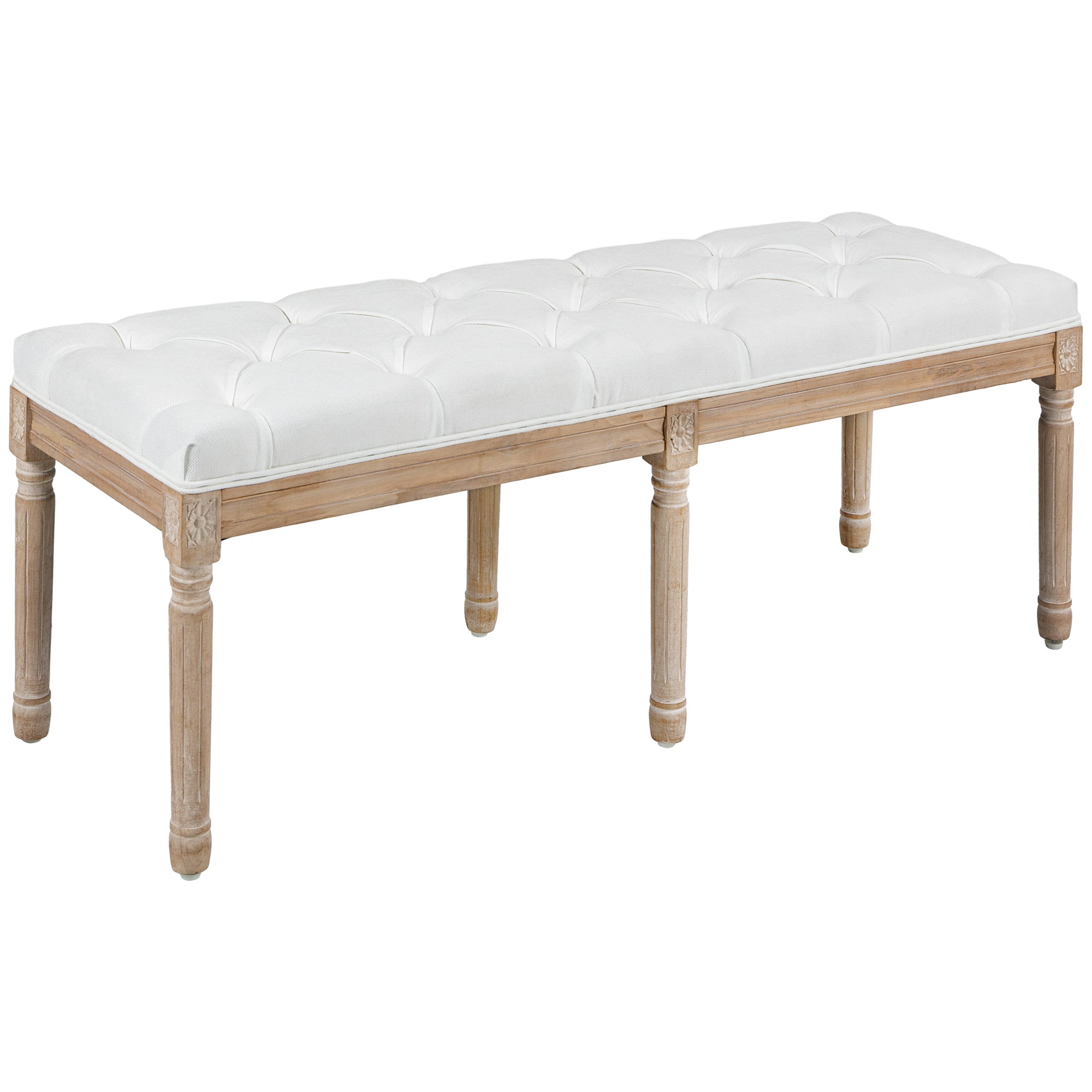 46" Linen Upholstered Bedroom Bench French End of Bed with Thick Padded Cushion and Wooden Legs Cream