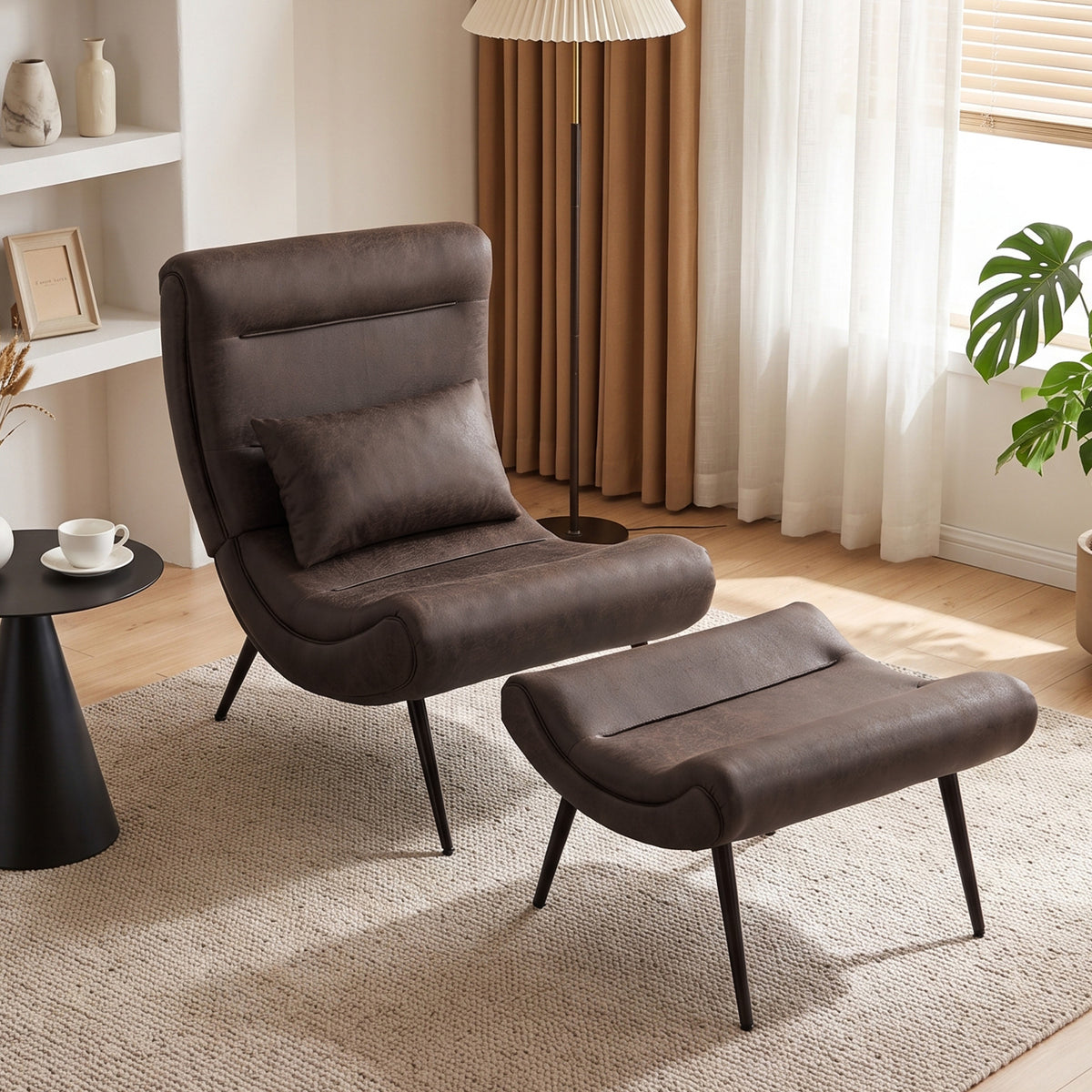 Modern Accent Chair with Footstool, Upholstered Lounge Chair with 64cm Wide Seat, Lumbar Pillow, Trapezoidal Backrest, Wood-Effect Steel Legs, Reading Seat for Living Room, Study, Dark Brown