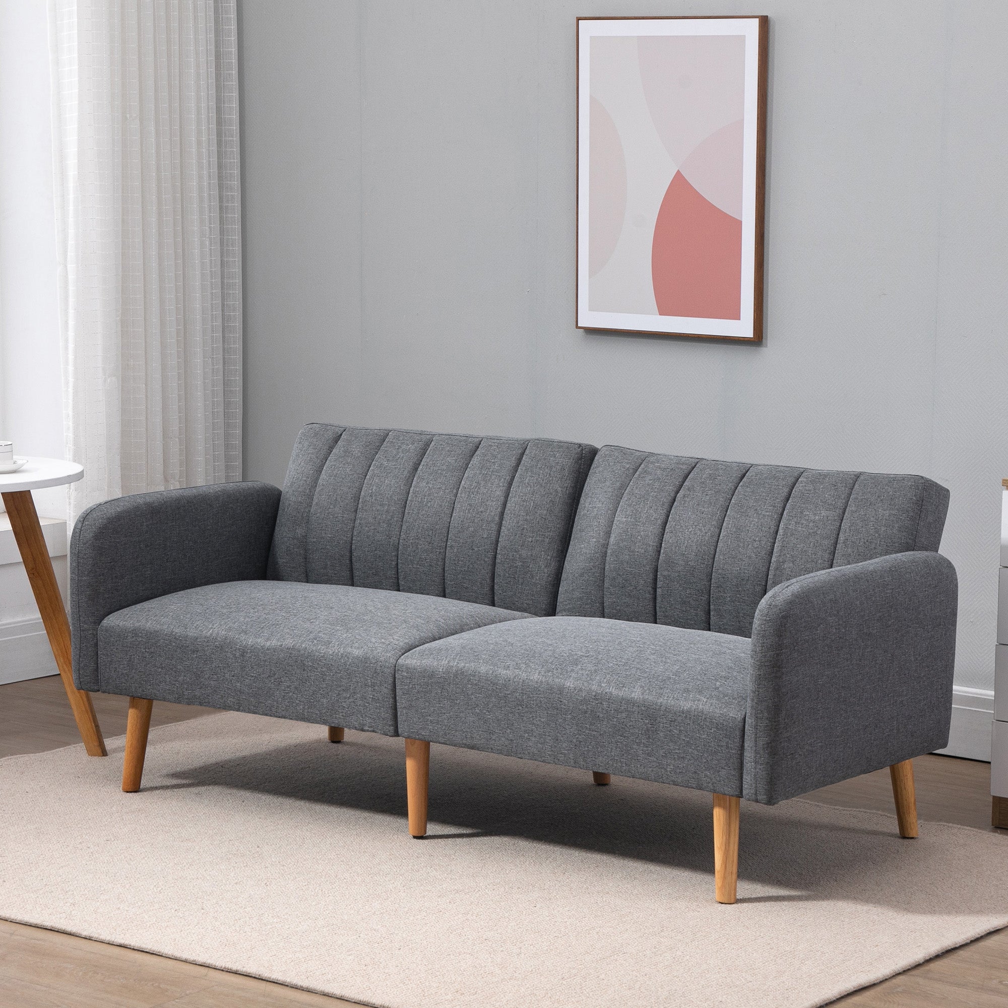 HOMCOM Two Seater Sofa Bed, Convertible Linen Fabric Sofa Couch, Click Clack Sofabed with Adjustable Split Backrest for Living Room, Bedroom, Guest Room, Grey