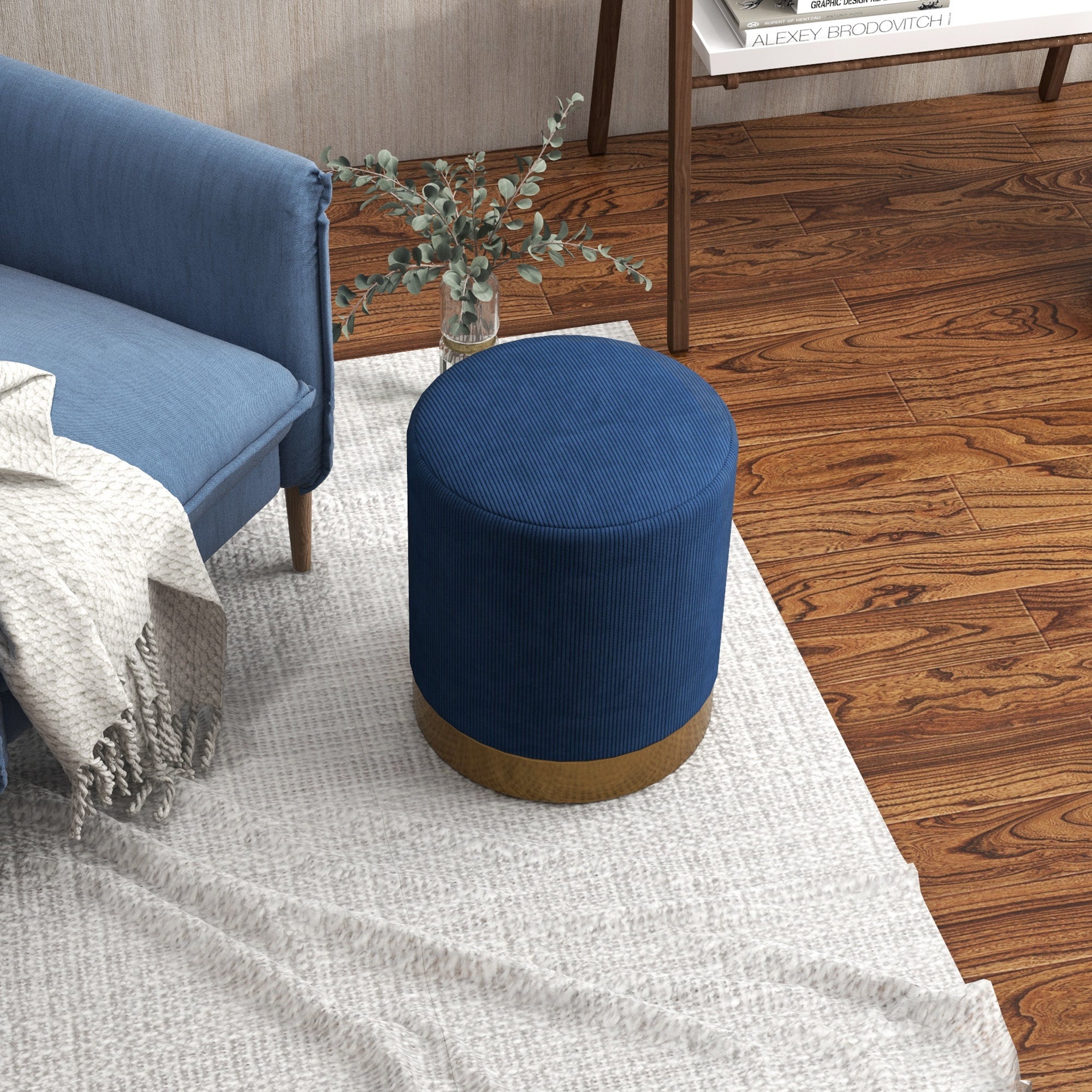 HOMCOM Modern Round Footstool, Corduroy Fabric Upholstered Foot Stool with Padded Seat for Living Room, Entryway, Dark Blue