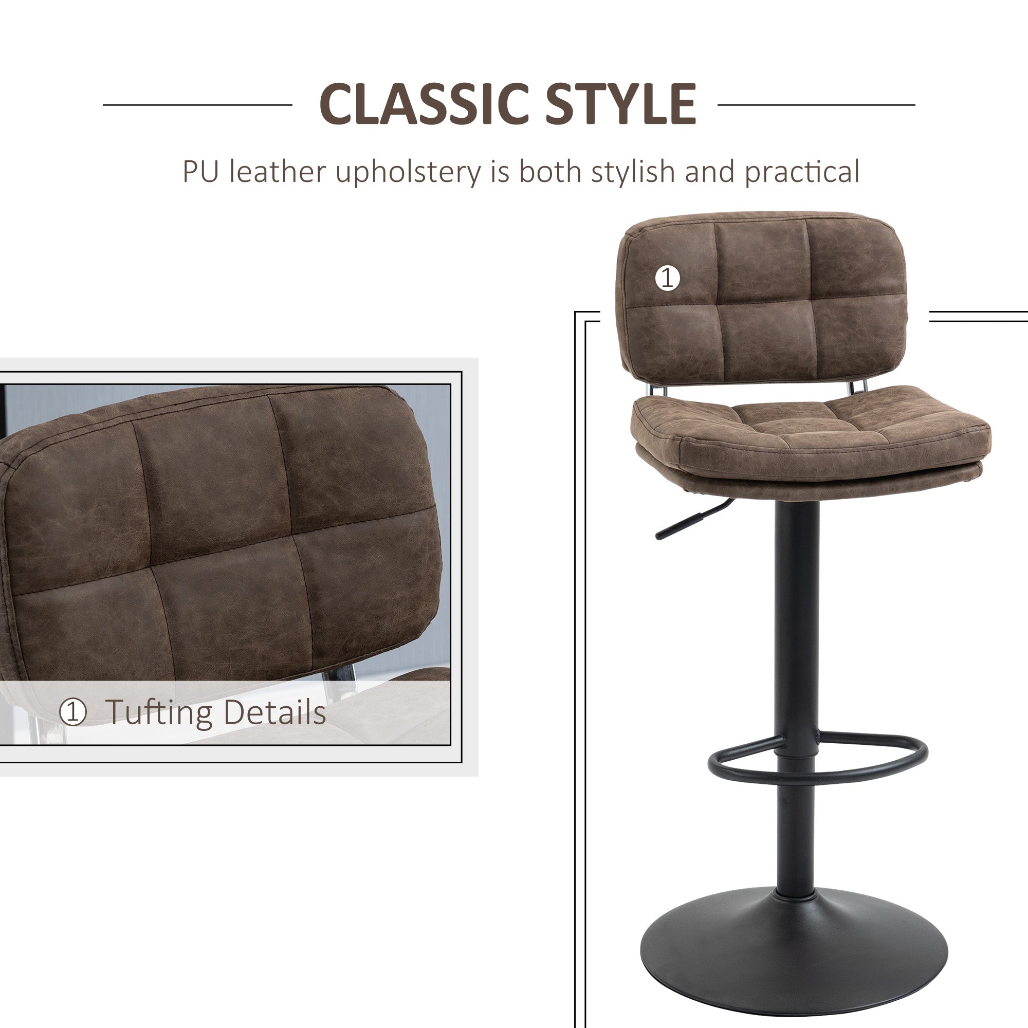 Bar Stools Set of 2, Swivel Counter Height Barstools with Adjustable Height, Back and Footrest, PU Leather Upholstered Bar Chairs for Home Kitchen Island, Brown and Black