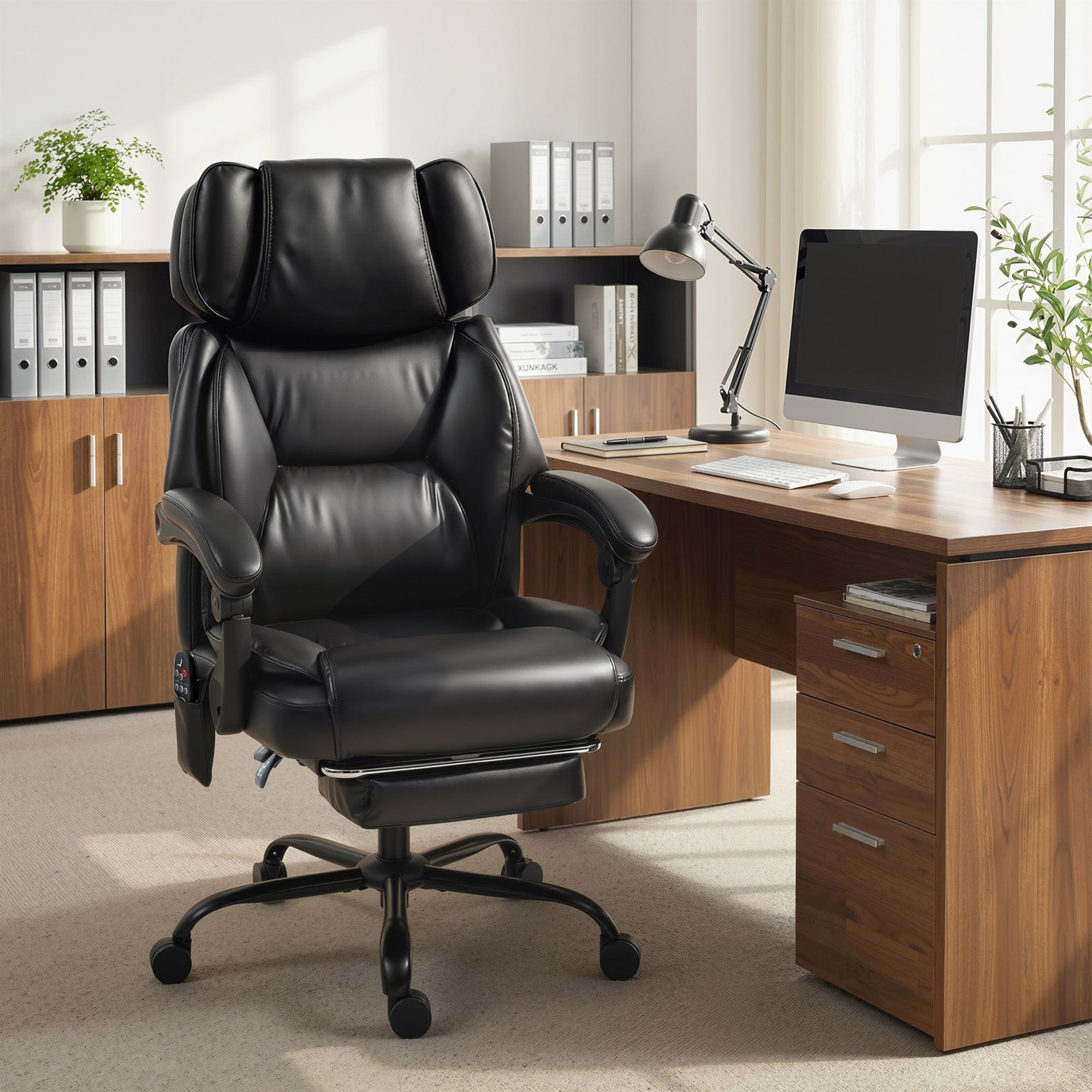 High Back Vibration Massage Office Chair, Heated Reclining PU Leather Computer Chair with Headrest, Footrest, Padded Armrests, Adjustable Height, Swivel Wheels, Remote, Black