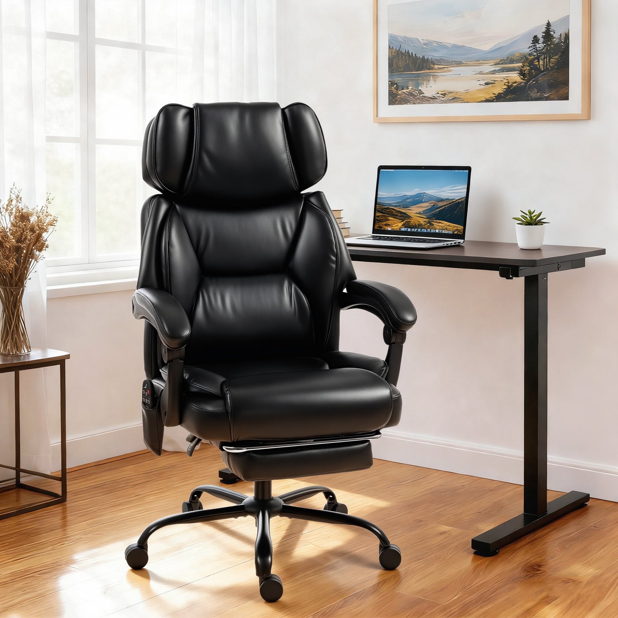 High Back Vibration Massage Office Chair, Heated Reclining PU Leather Computer Chair with Headrest, Footrest, Padded Armrests, Adjustable Height, Swivel Wheels, Remote, Black