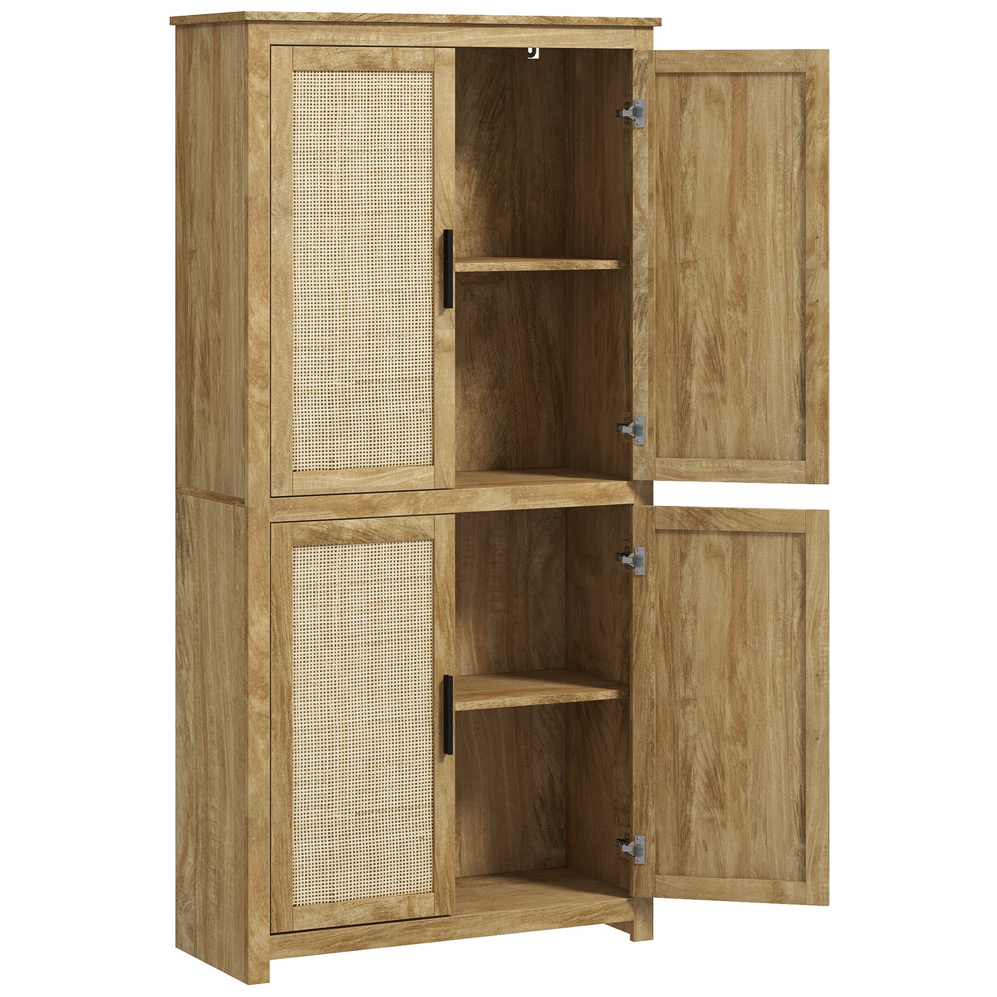 64" Kitchen Pantry, Tall Storage Cabinet with 4 Rattan Doors, 4 Tier Shelves and Adjustable Shelf, Natural