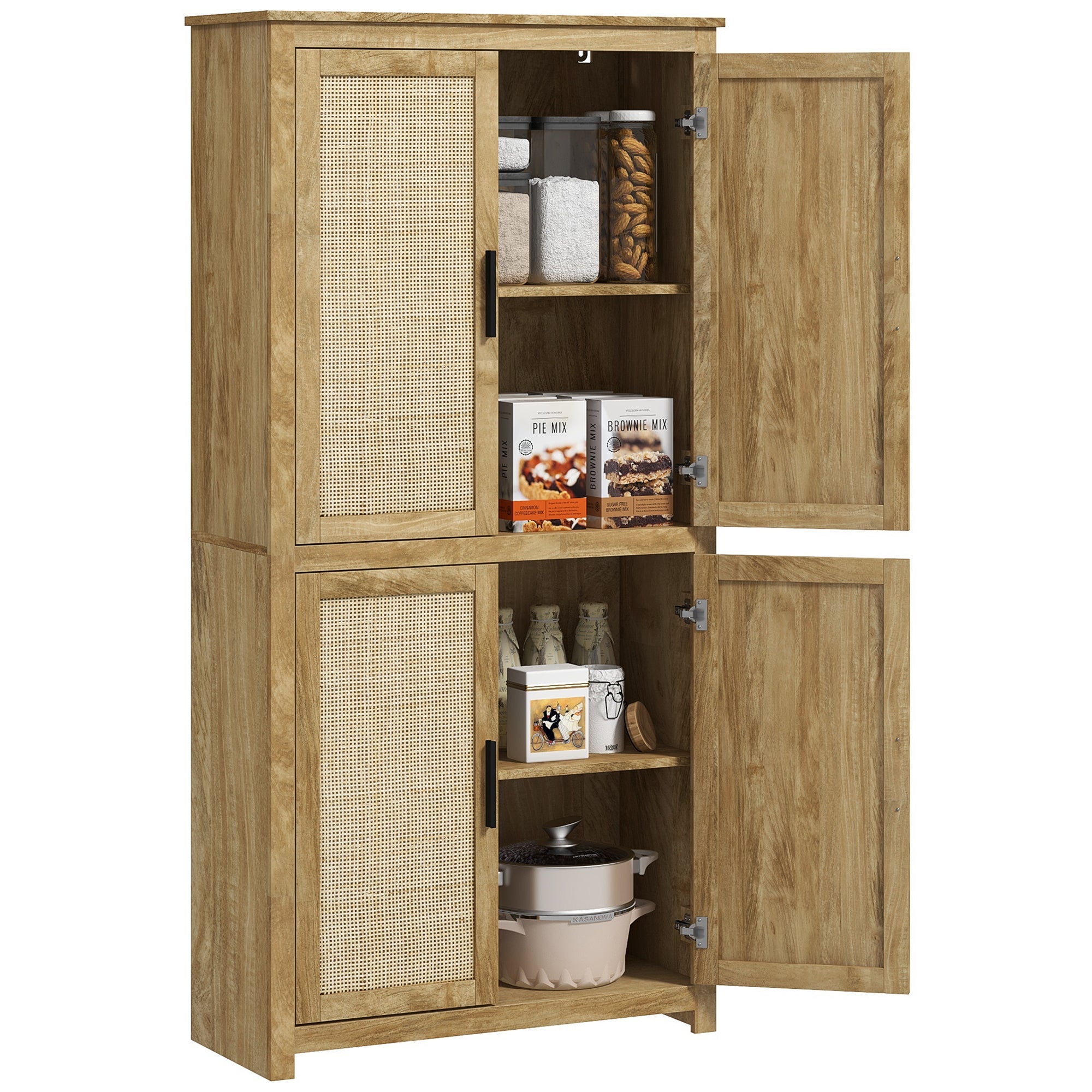 64" Kitchen Pantry, Tall Storage Cabinet with 4 Rattan Doors, 4 Tier Shelves and Adjustable Shelf, Natural