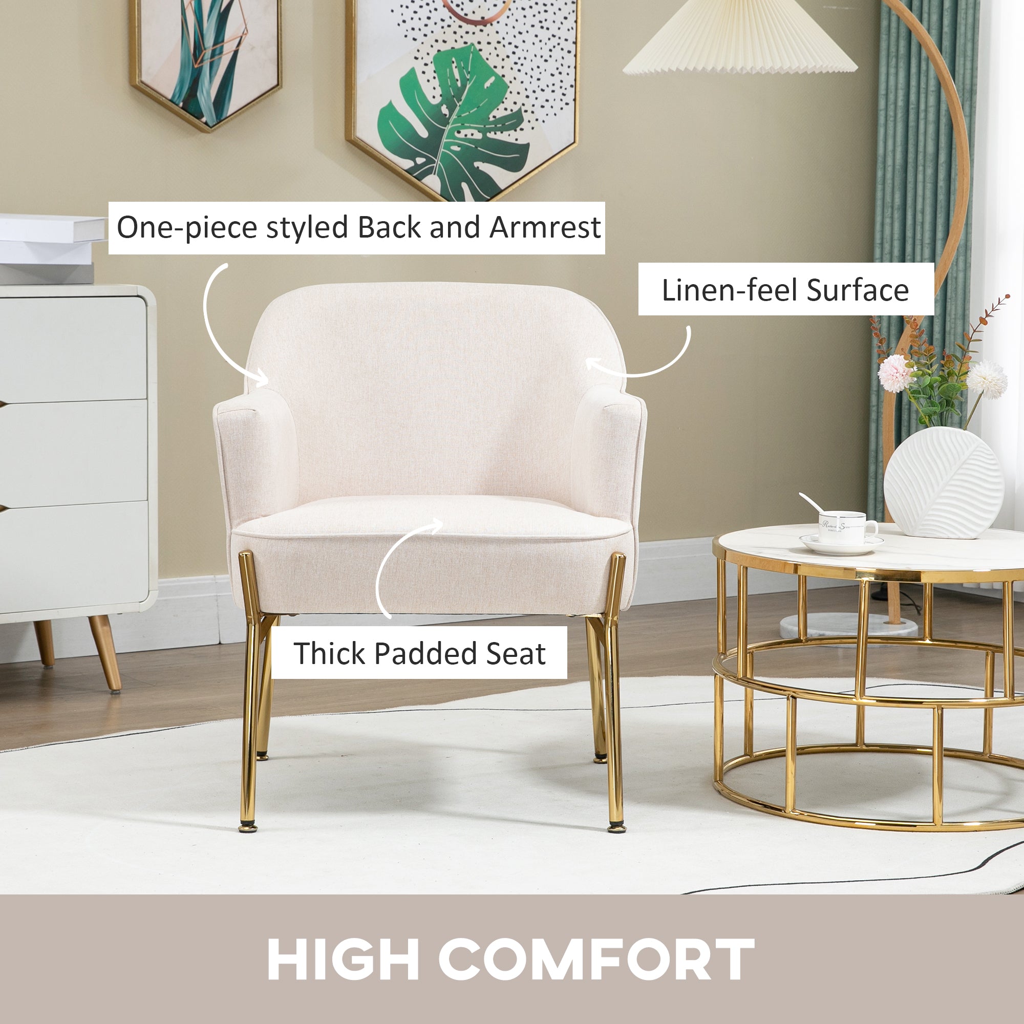 HOMCOM Fabric Accent Chair, Armchair, Modern Living Room Chair with Gold Metal Legs and Thick Padding for Bedroom, Cream White