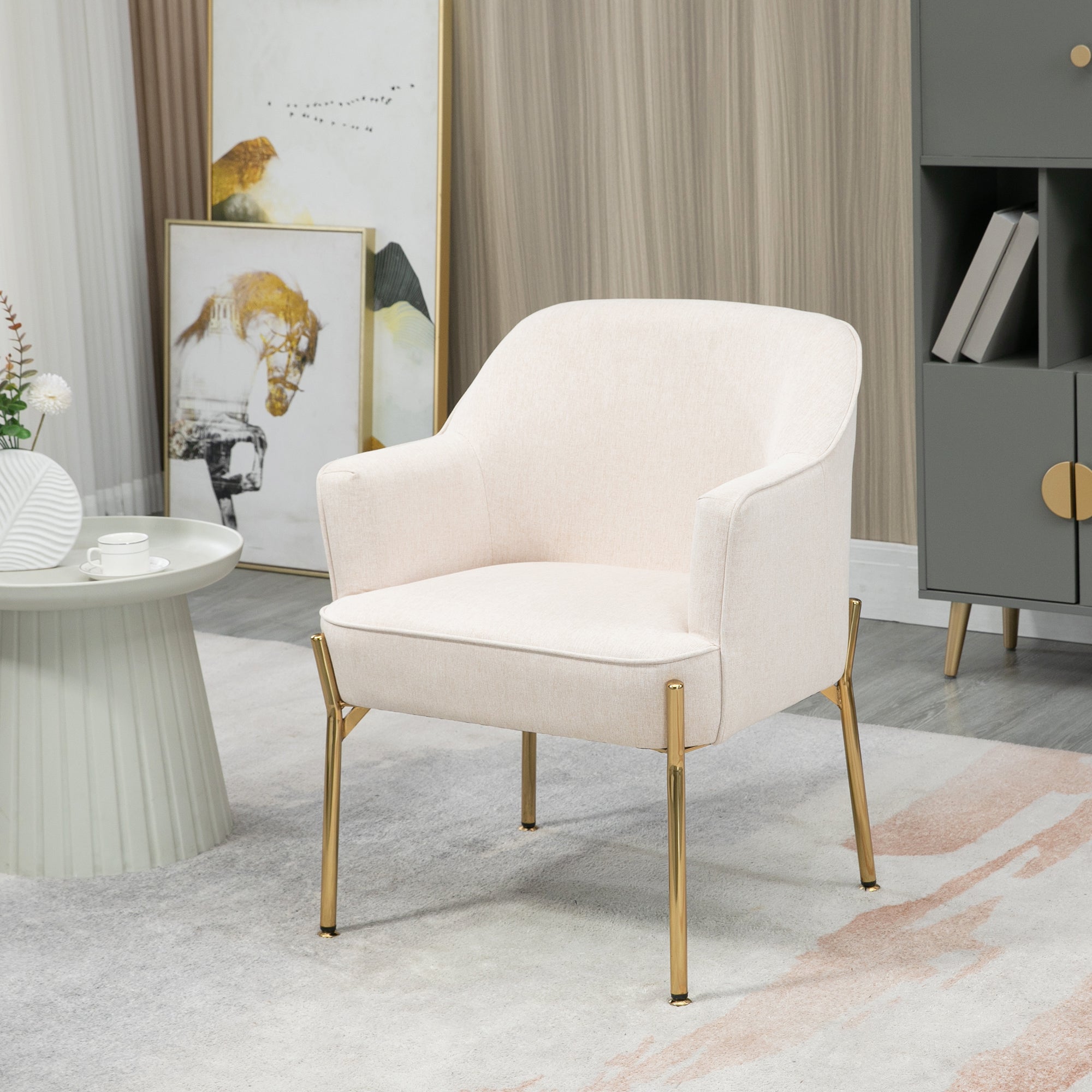 HOMCOM Fabric Accent Chair, Armchair, Modern Living Room Chair with Gold Metal Legs and Thick Padding for Bedroom, Cream White