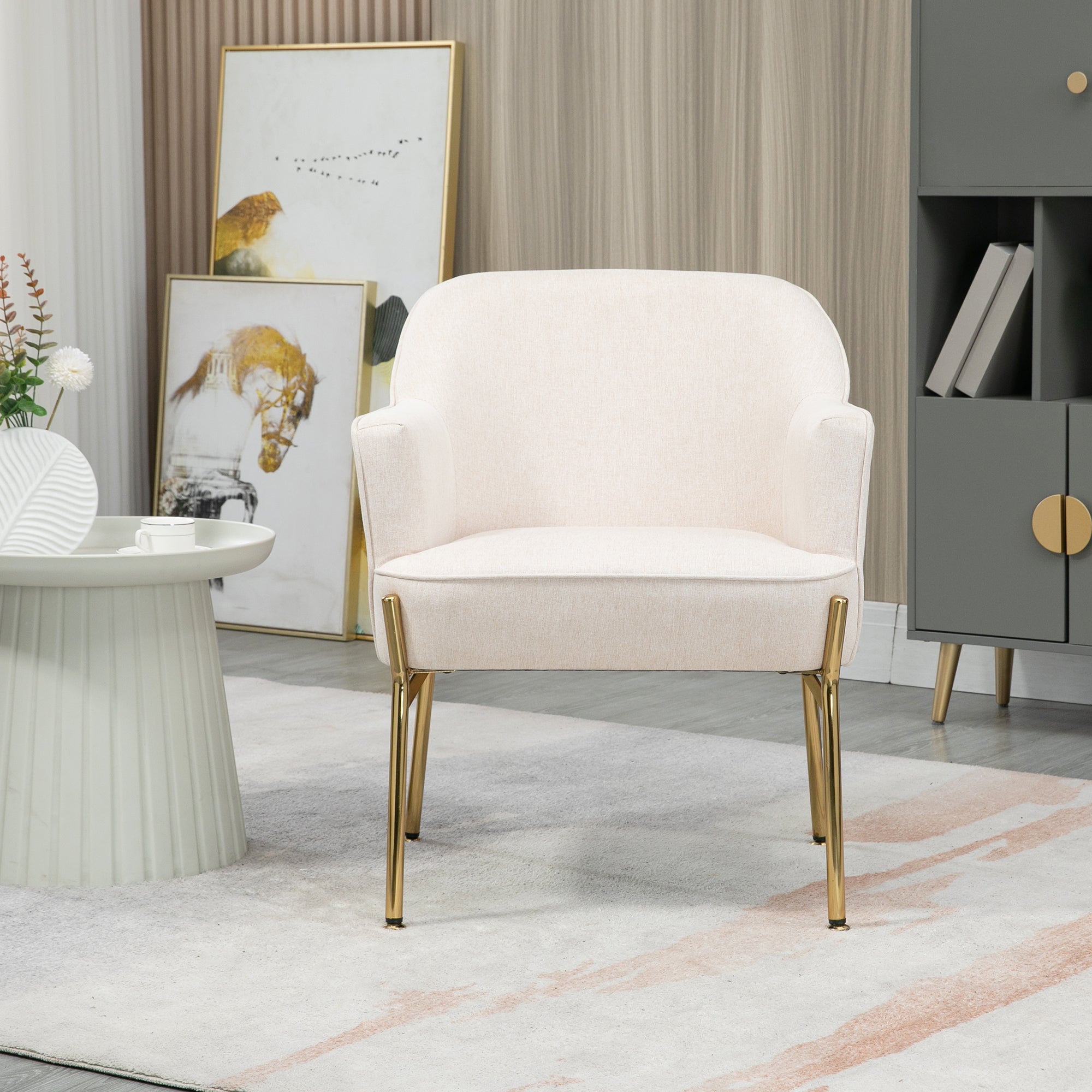 HOMCOM Fabric Accent Chair, Armchair, Modern Living Room Chair with Gold Metal Legs and Thick Padding for Bedroom, Cream White