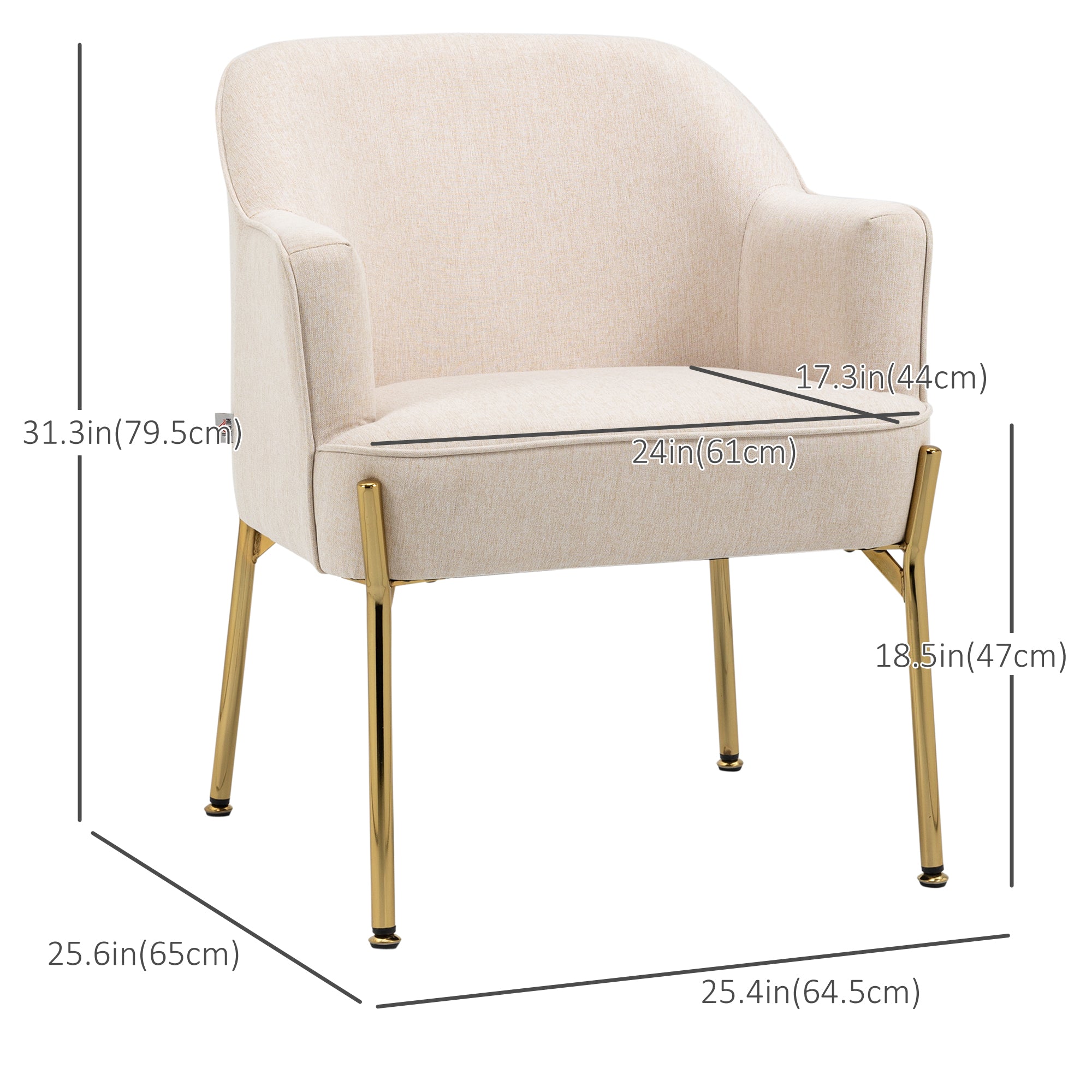 HOMCOM Fabric Accent Chair, Armchair, Modern Living Room Chair with Gold Metal Legs and Thick Padding for Bedroom, Cream White