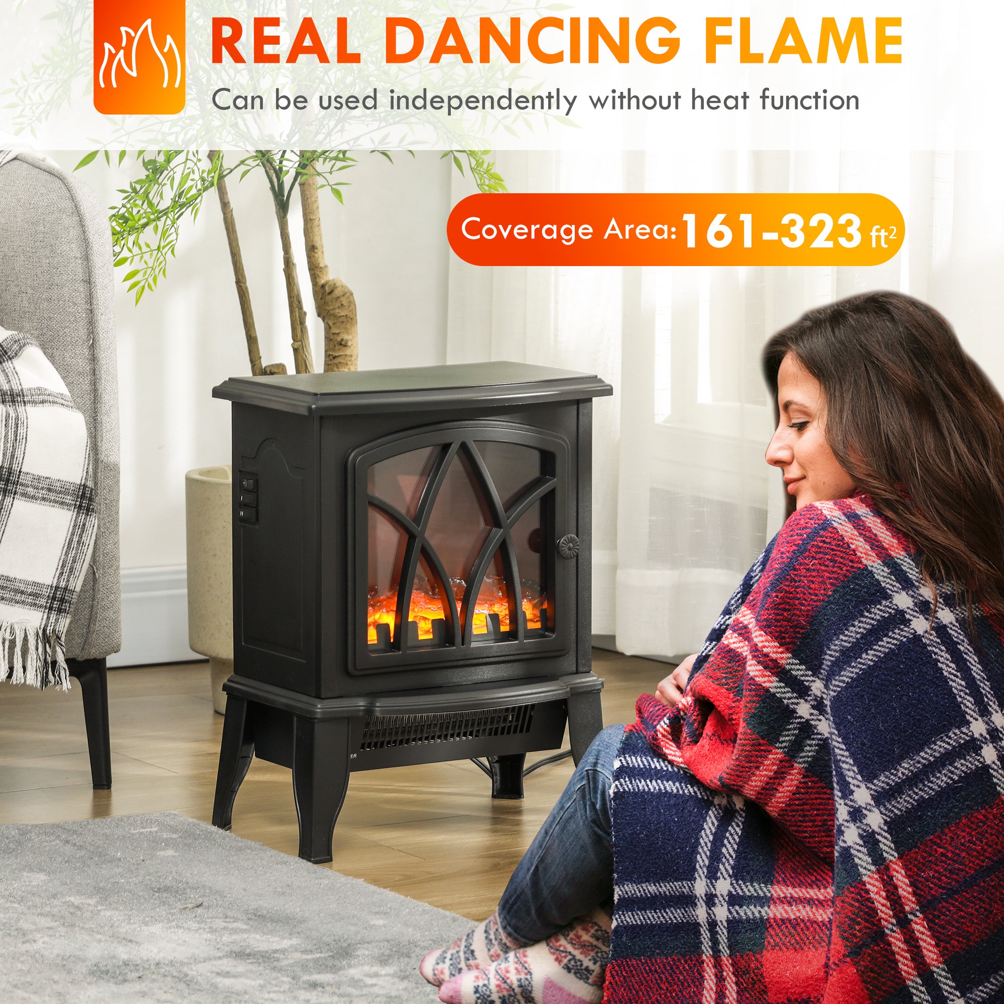 Electric Fireplace Heater, Freestanding Fireplace Stove with Realistic Flames Overheating Protection