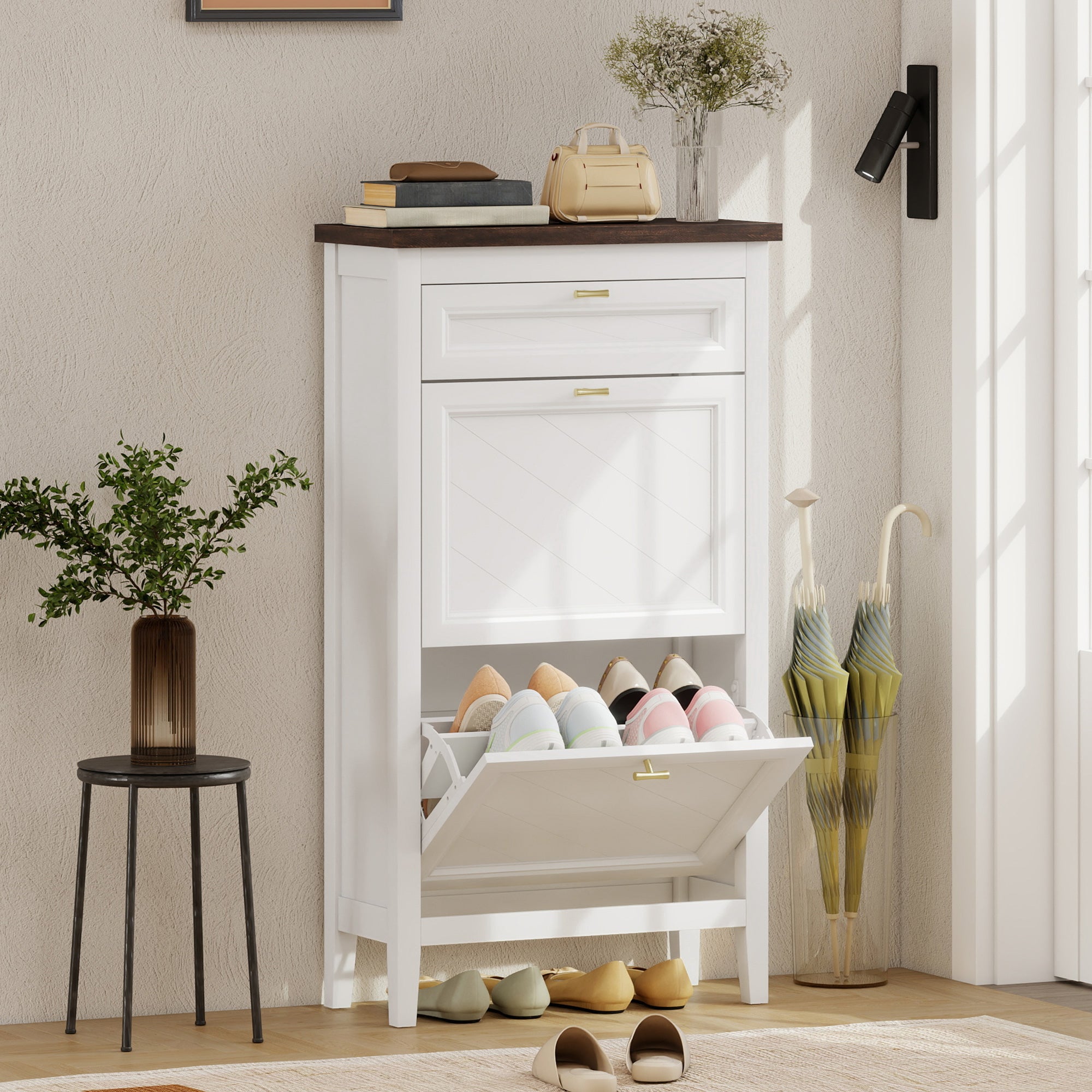 Shoe Cabinet with 2 Flip Drawers, Farmhouse Narrow Shoe Storage Cabinet with Adjustable Shelves, Storage Drawer, Freestanding for Entryway, Hallway, Living Room, Holds 8-12 Pairs, White