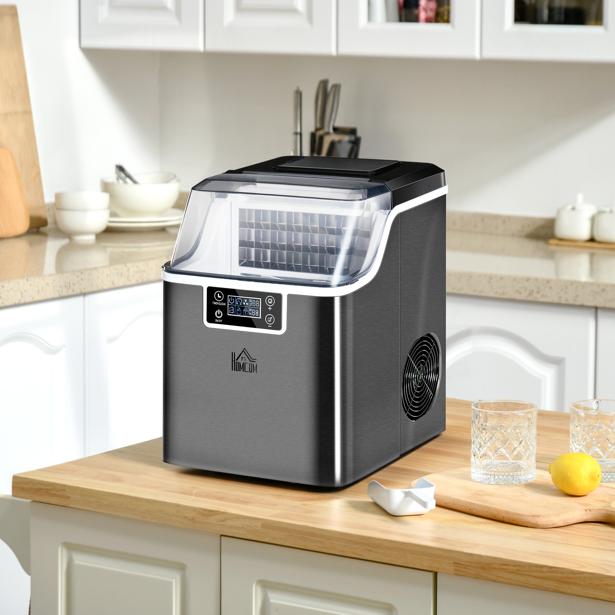 HOMCOM Ice Maker Machine Countertop, Stainless Steel Portable Ice Cube Maker, 2 Ways to Add Water, 24kg/Day, 24 Pcs Ready in 14 Mins, Self-Cleaning with Scoop & Basket, 3.2L, for Home Office, Black