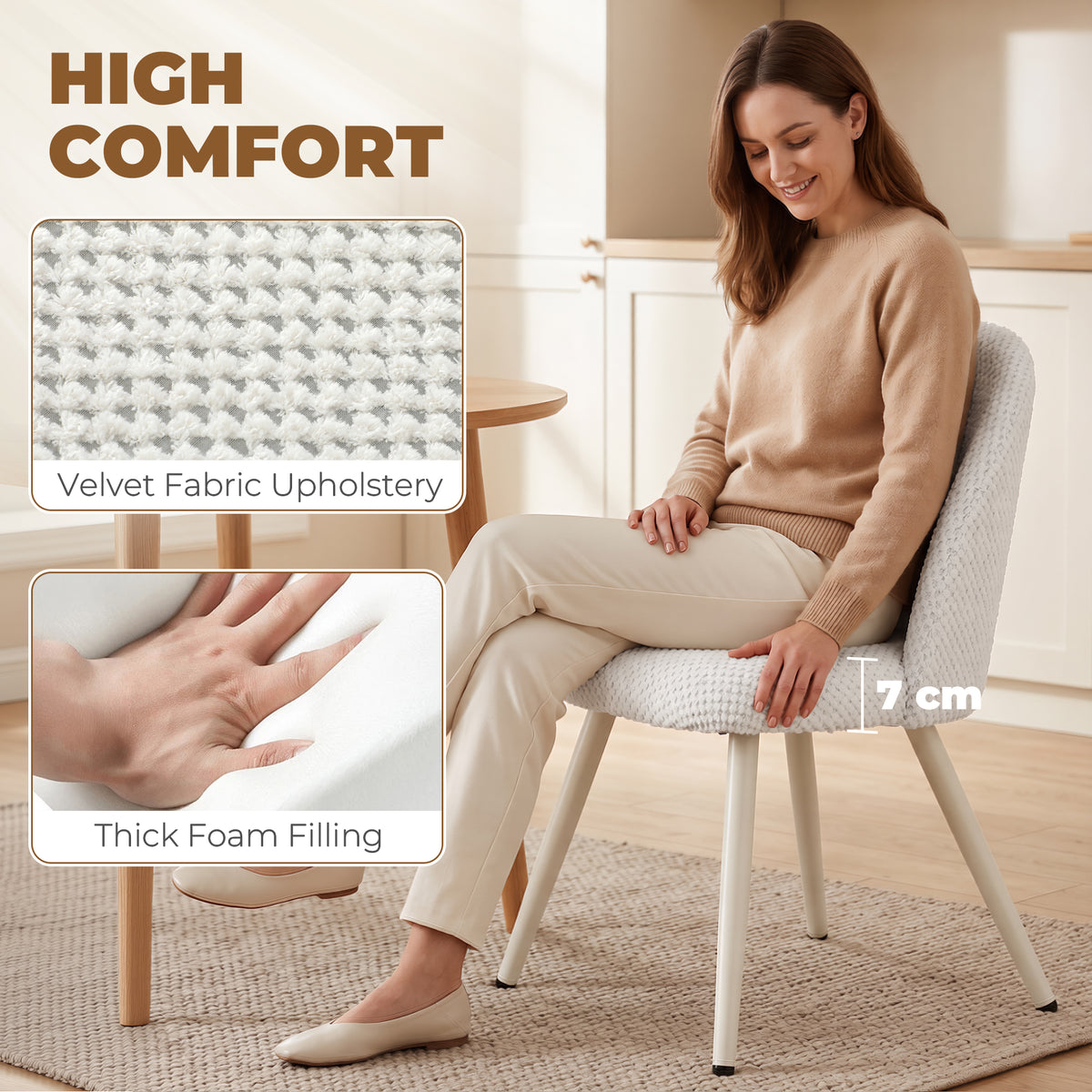 Modern Dining Chairs Set of 2, Velvet Fabric Upholstered Kitchen Chairs with Thick Padded Seat and Backrest, Metal Legs for Dining Room, Kitchen, Home Office, White