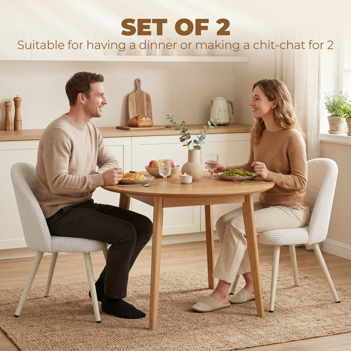 Modern Dining Chairs Set of 2, Velvet Fabric Upholstered Kitchen Chairs with Thick Padded Seat and Backrest, Metal Legs for Dining Room, Kitchen, Home Office, White