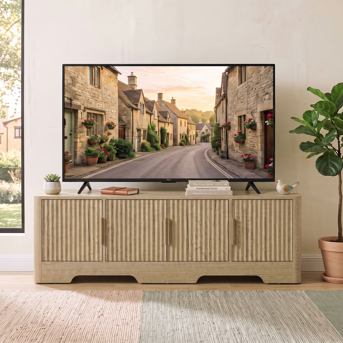 TV Stand for TVs up to 60", Modern Entertainment Center with Fluted Doors, Media Console Table with 3 Cabinets, Adjustable Shelf and Cable Management for Living Room, Oak