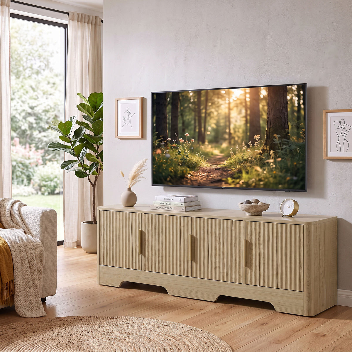 TV Stand for TVs up to 60", Modern Entertainment Center with Fluted Doors, Media Console Table with 3 Cabinets, Adjustable Shelf and Cable Management for Living Room, Oak