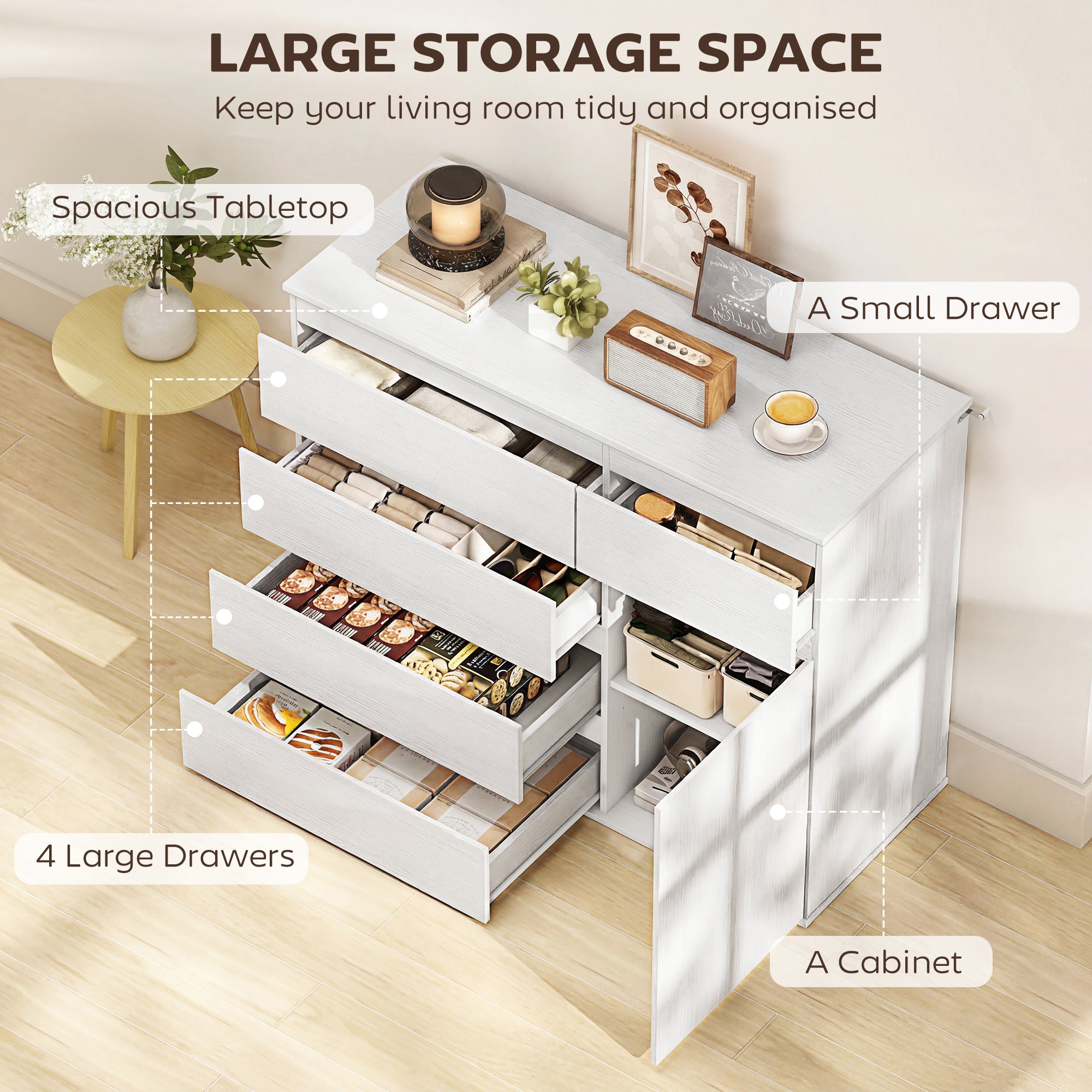 Modern Sideboard, Sideboard Storage Cabinet with 5 Drawers, Adjustable Shelf, Soft-Close Door, Storage Cupboard for Dining Room, Kitchen, Living Room, White