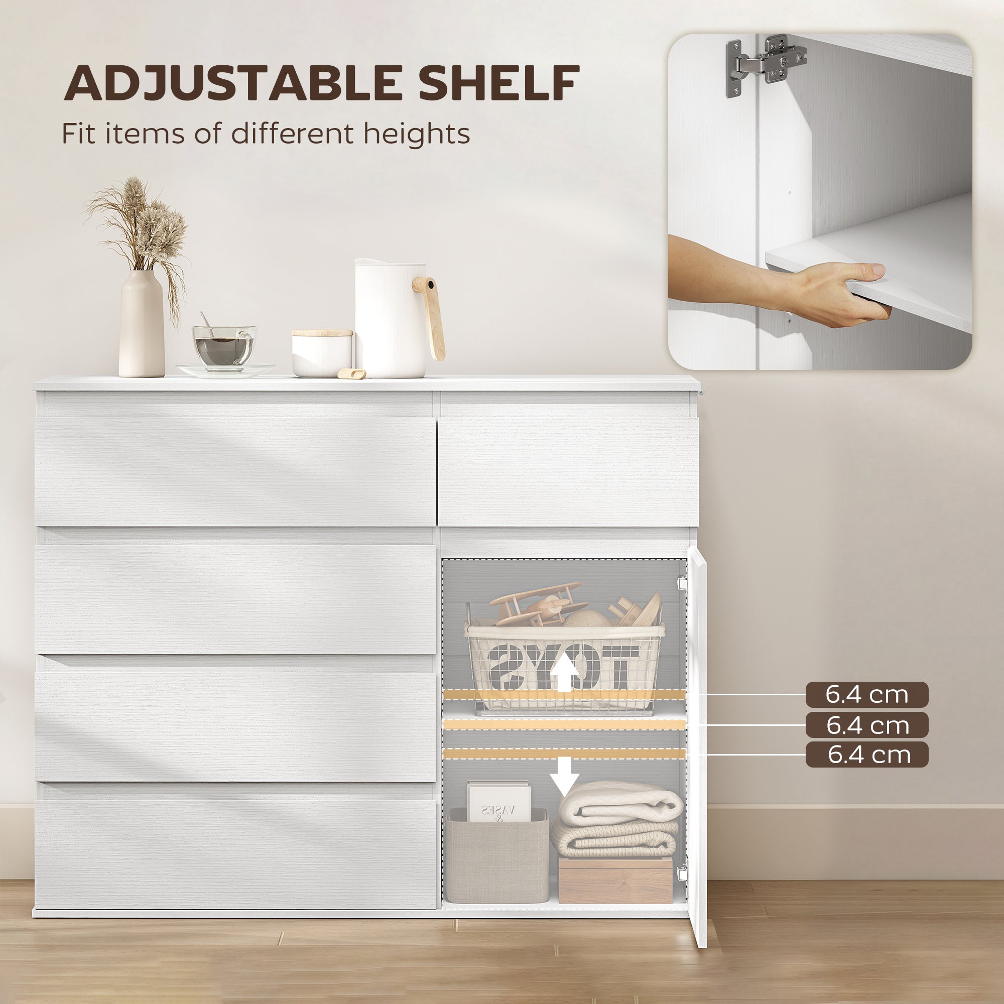 Modern Sideboard, Sideboard Storage Cabinet with 5 Drawers, Adjustable Shelf, Soft-Close Door, Storage Cupboard for Dining Room, Kitchen, Living Room, White