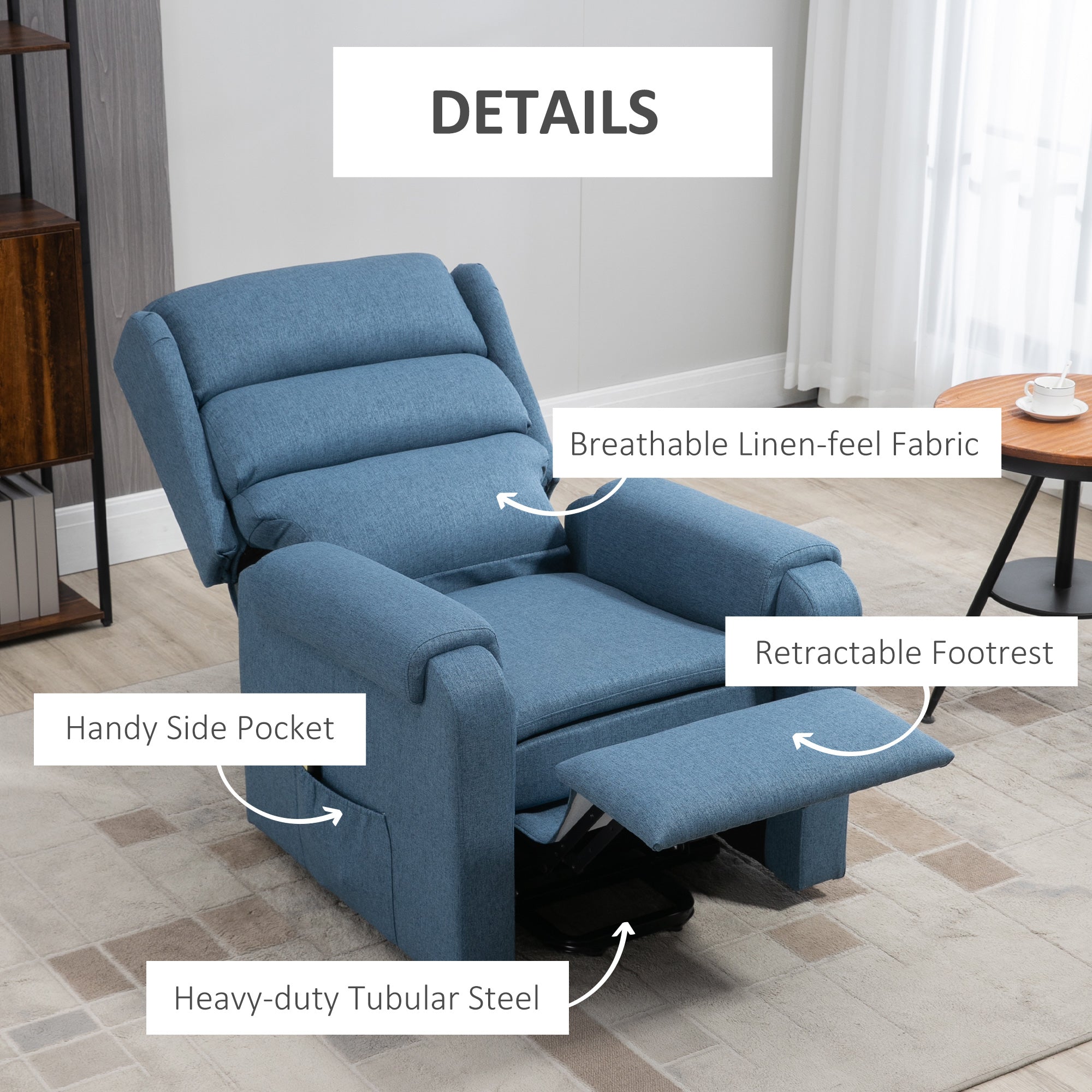 HOMCOM Power Lift Recliner Chair for Elderly, Fabric Electric Stand-Up Sofa, Heavy-Duty Reclining Chair with Pockets for Living Room, Blue