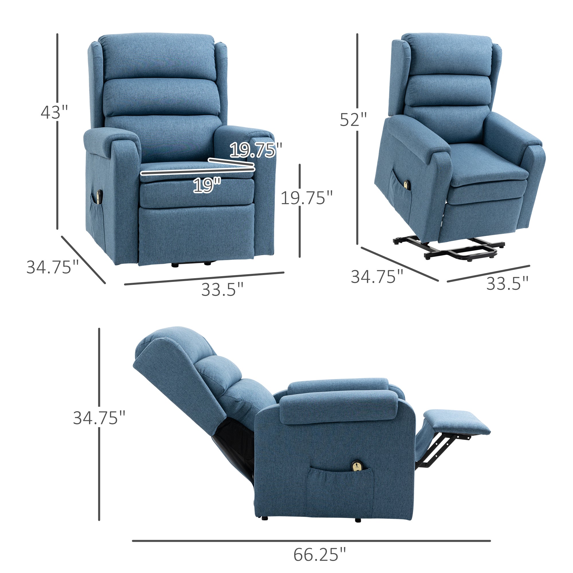 HOMCOM Power Lift Recliner Chair for Elderly, Fabric Electric Stand-Up Sofa, Heavy-Duty Reclining Chair with Pockets for Living Room, Blue