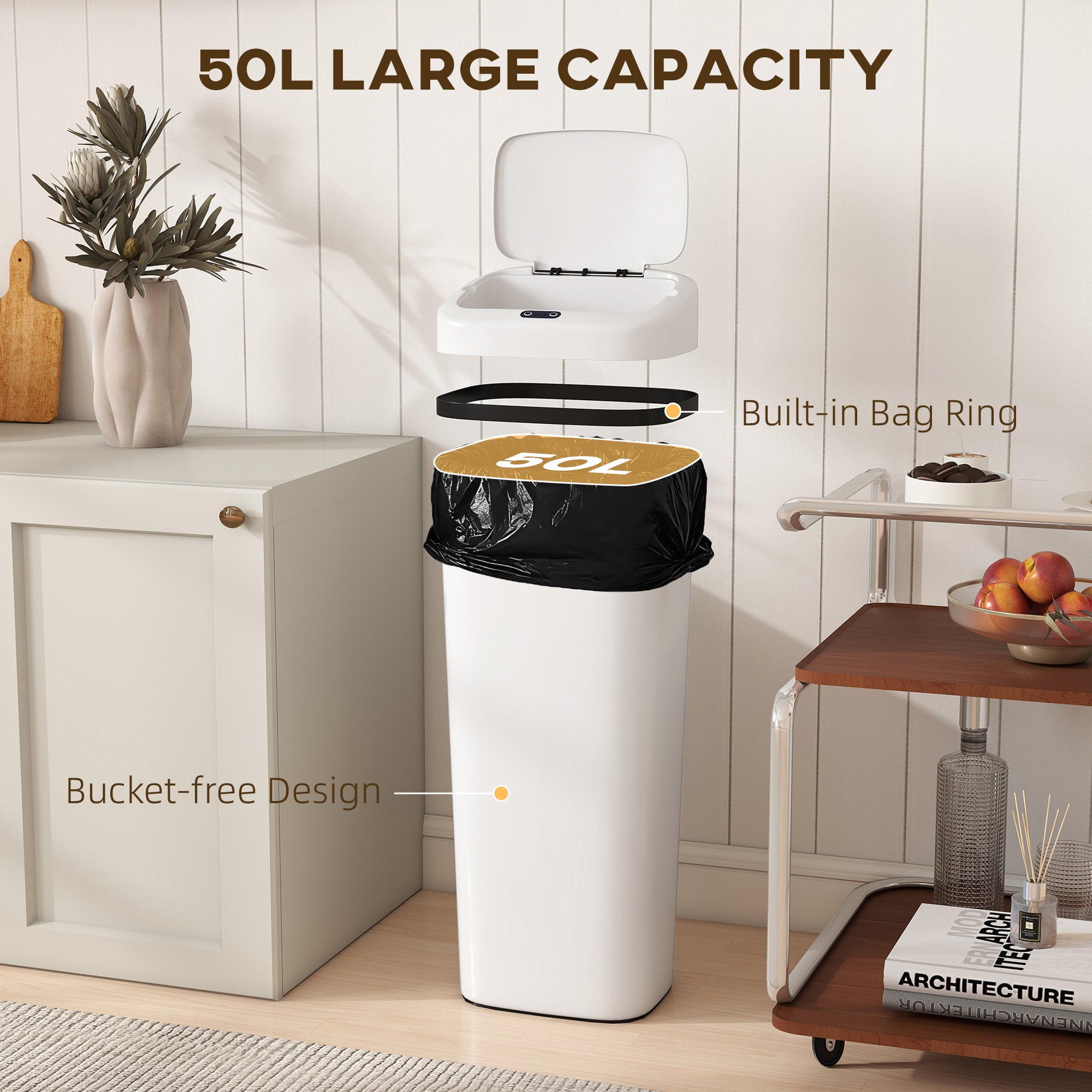 50L Sensor Bin, Stainless Steel Automatic Touchless Slim Kitchen Bin with Dual-Mode Opening, Fingerprint-Proof, Easy Clean, Battery Operated for Home Office, Bedroom, Bathroom, White