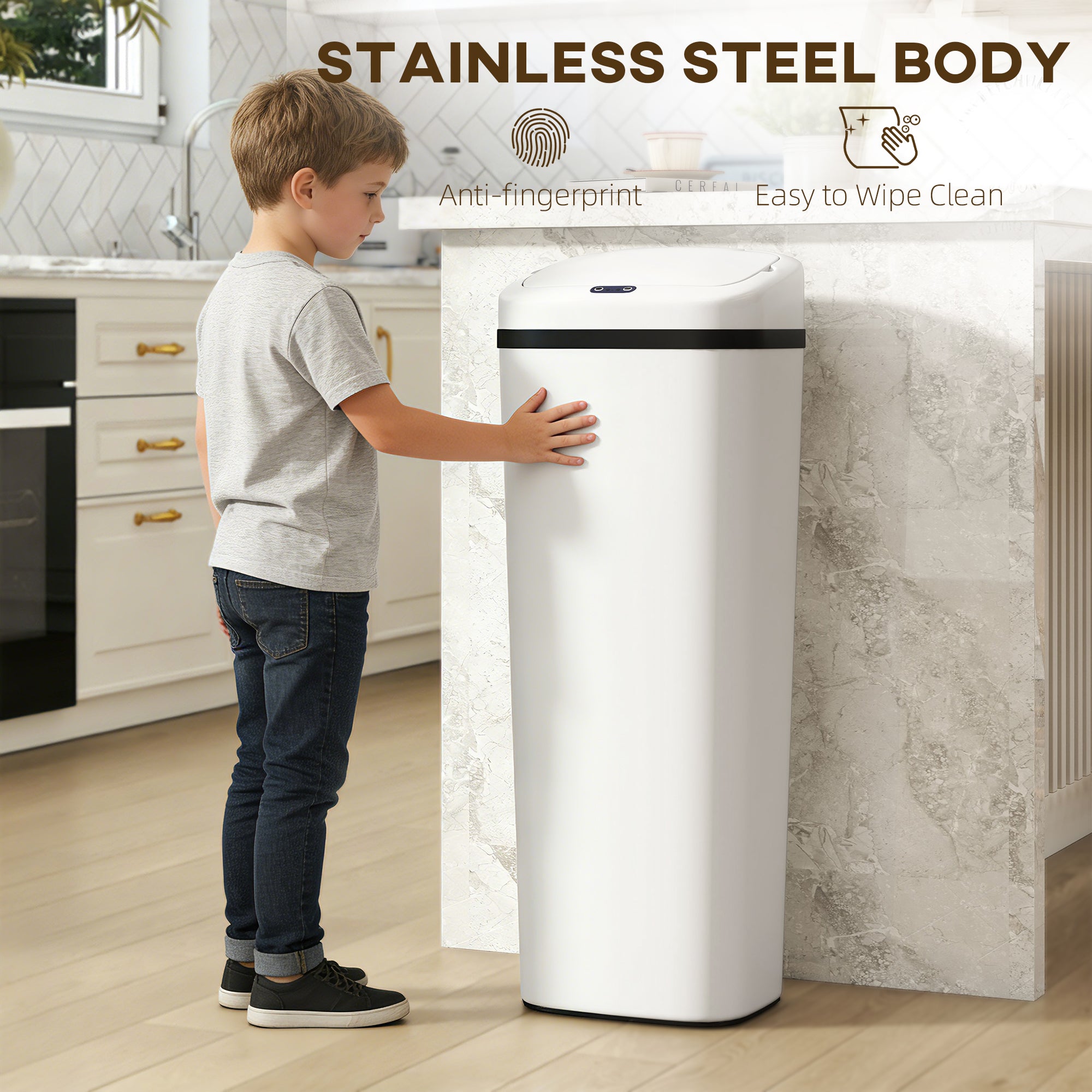 50L Sensor Bin, Stainless Steel Automatic Touchless Slim Kitchen Bin with Dual-Mode Opening, Fingerprint-Proof, Easy Clean, Battery Operated for Home Office, Bedroom, Bathroom, White
