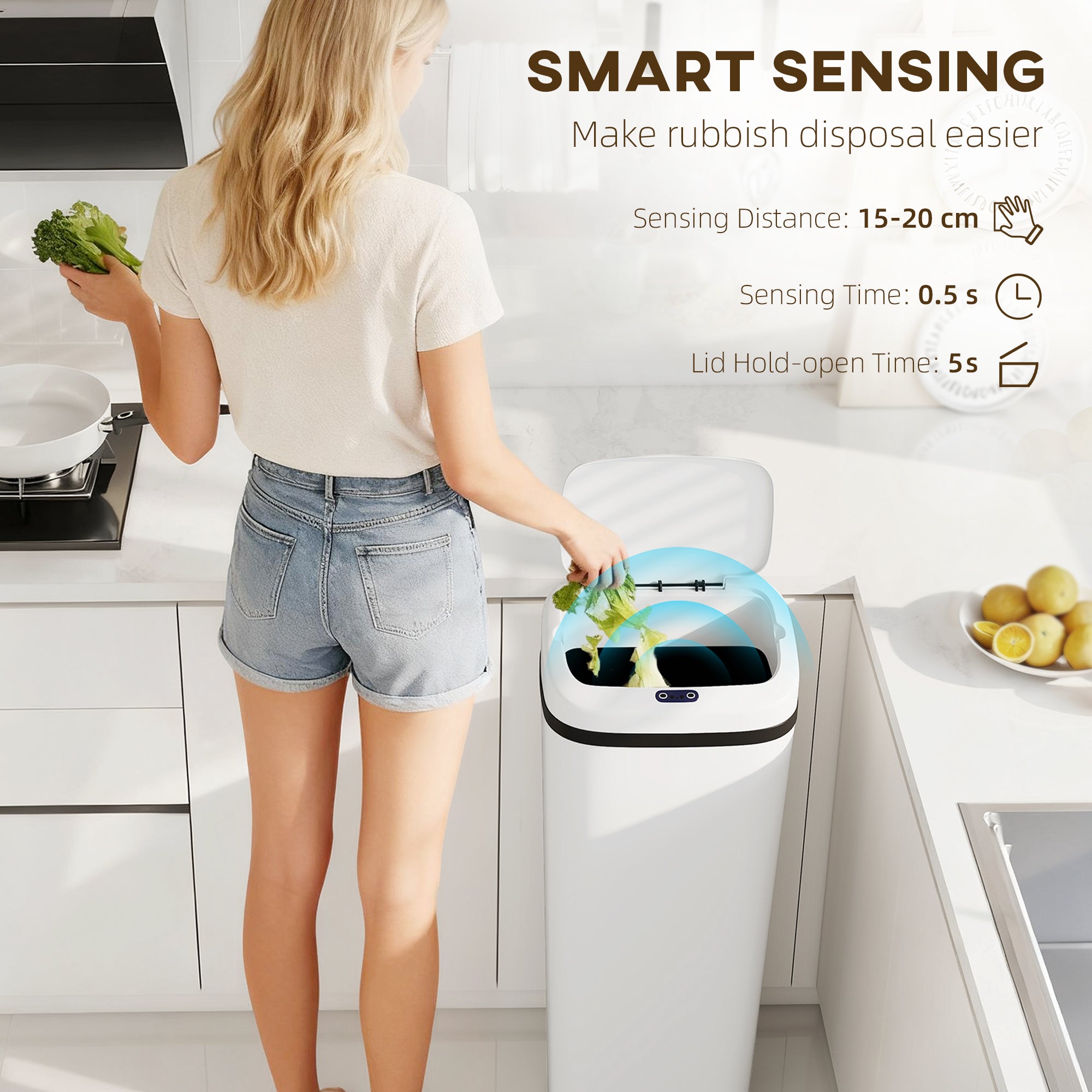 50L Sensor Bin, Stainless Steel Automatic Touchless Slim Kitchen Bin with Dual-Mode Opening, Fingerprint-Proof, Easy Clean, Battery Operated for Home Office, Bedroom, Bathroom, White