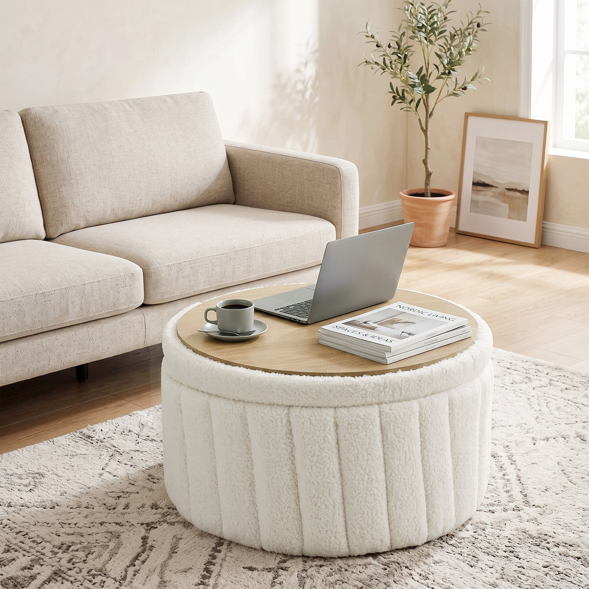 Round Coffee Table with Hidden Storage, Sherpa Fleece Center Table with Dual Reversible Lid, Upholstered Storage Ottoman for Living Room, Cream White