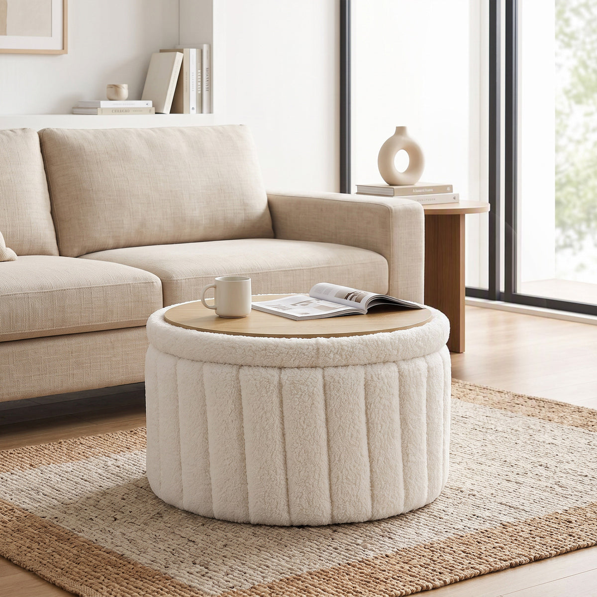 Round Coffee Table with Hidden Storage, Sherpa Fleece Center Table with Dual Reversible Lid, Upholstered Storage Ottoman for Living Room, Cream White