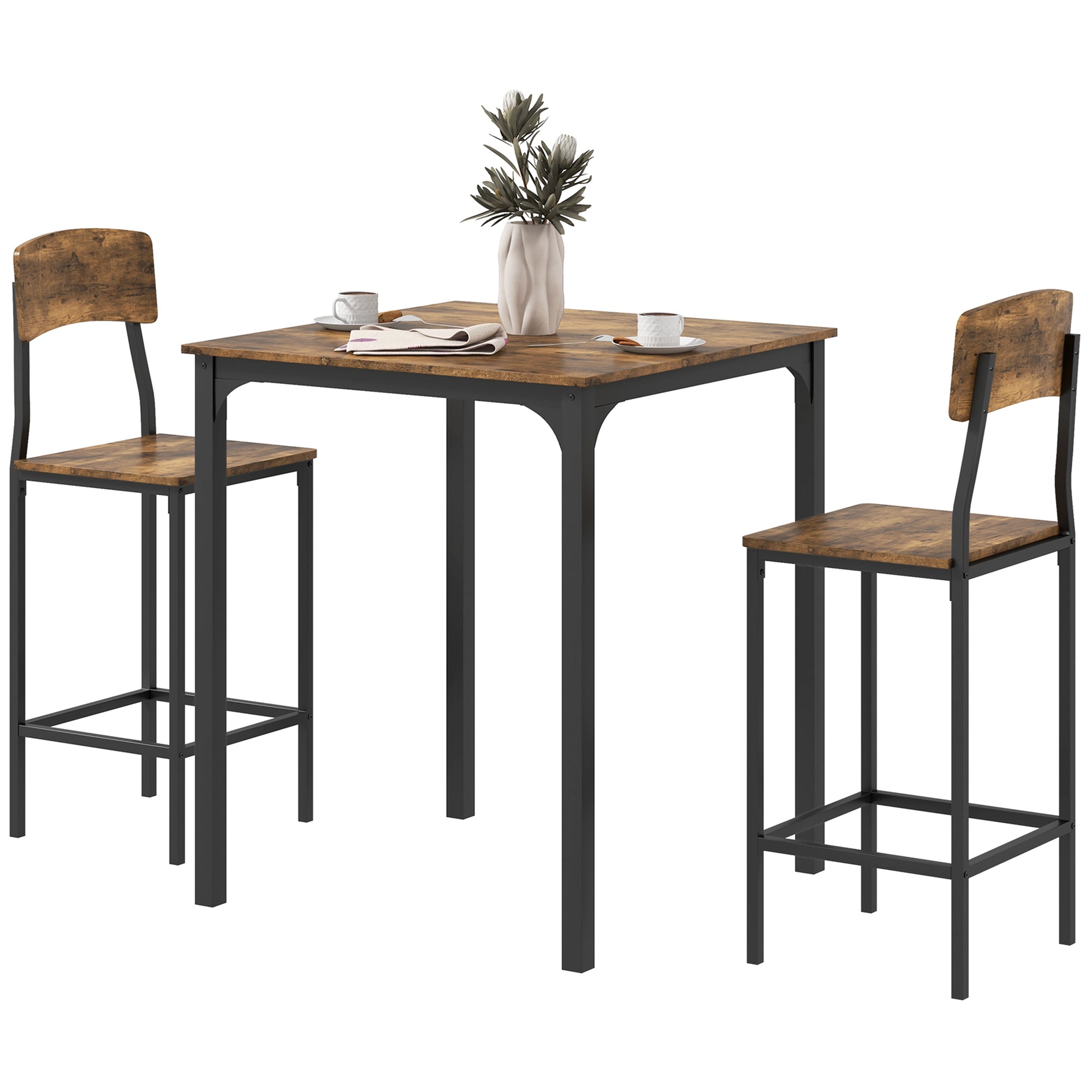 3 Piece Pub Table and Chairs, Small Kitchen Table and Chairs, Square Dining Table with 2 Stools, Rustic Brown and Black